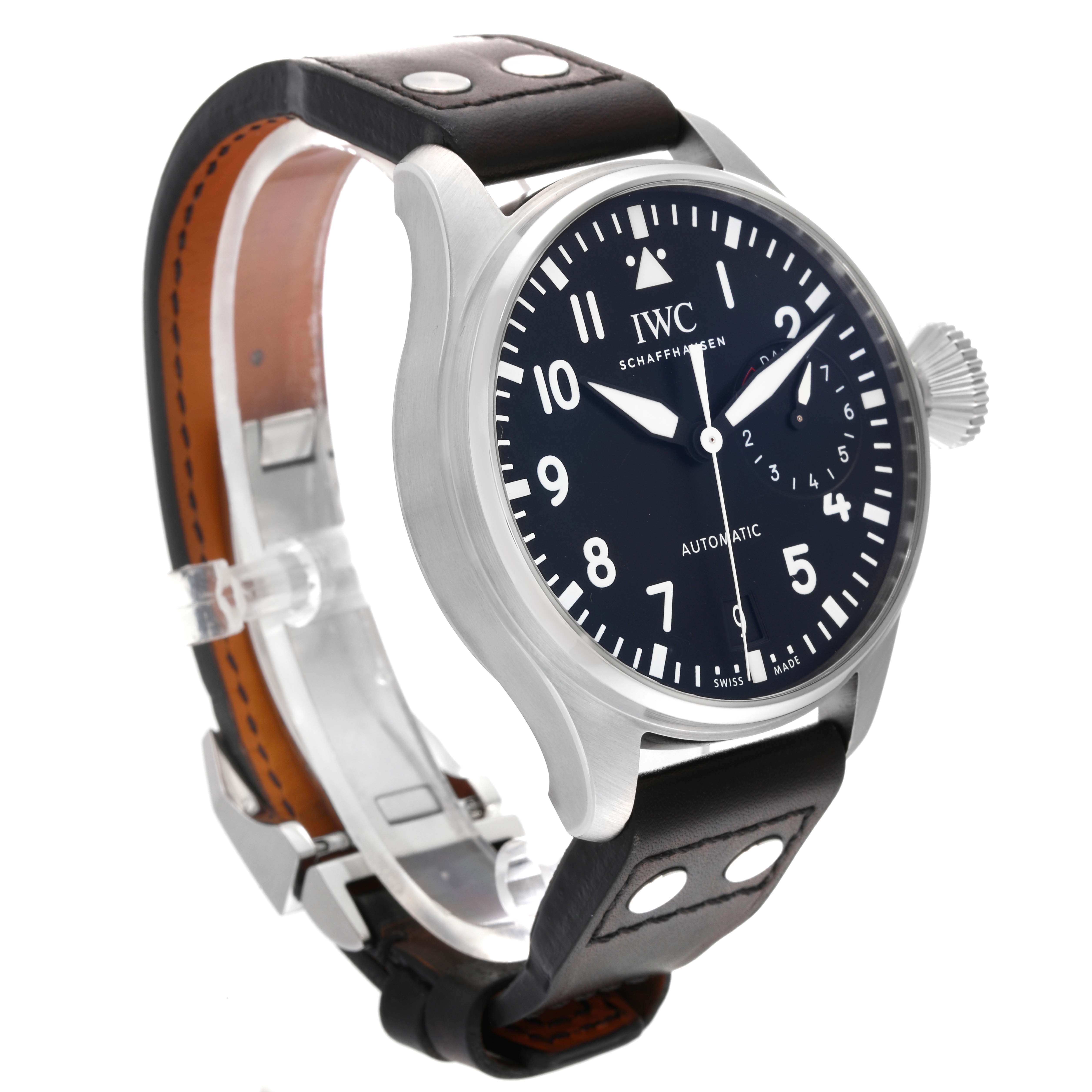 The image shows an IWC Pilot IW500912 Men's Stainless Steel Black Dial IW500912 Men's Stainless Steel Black Dial model watch in a three-quarter perspective, highlighting the dial, crown, and leather strap with rivets.