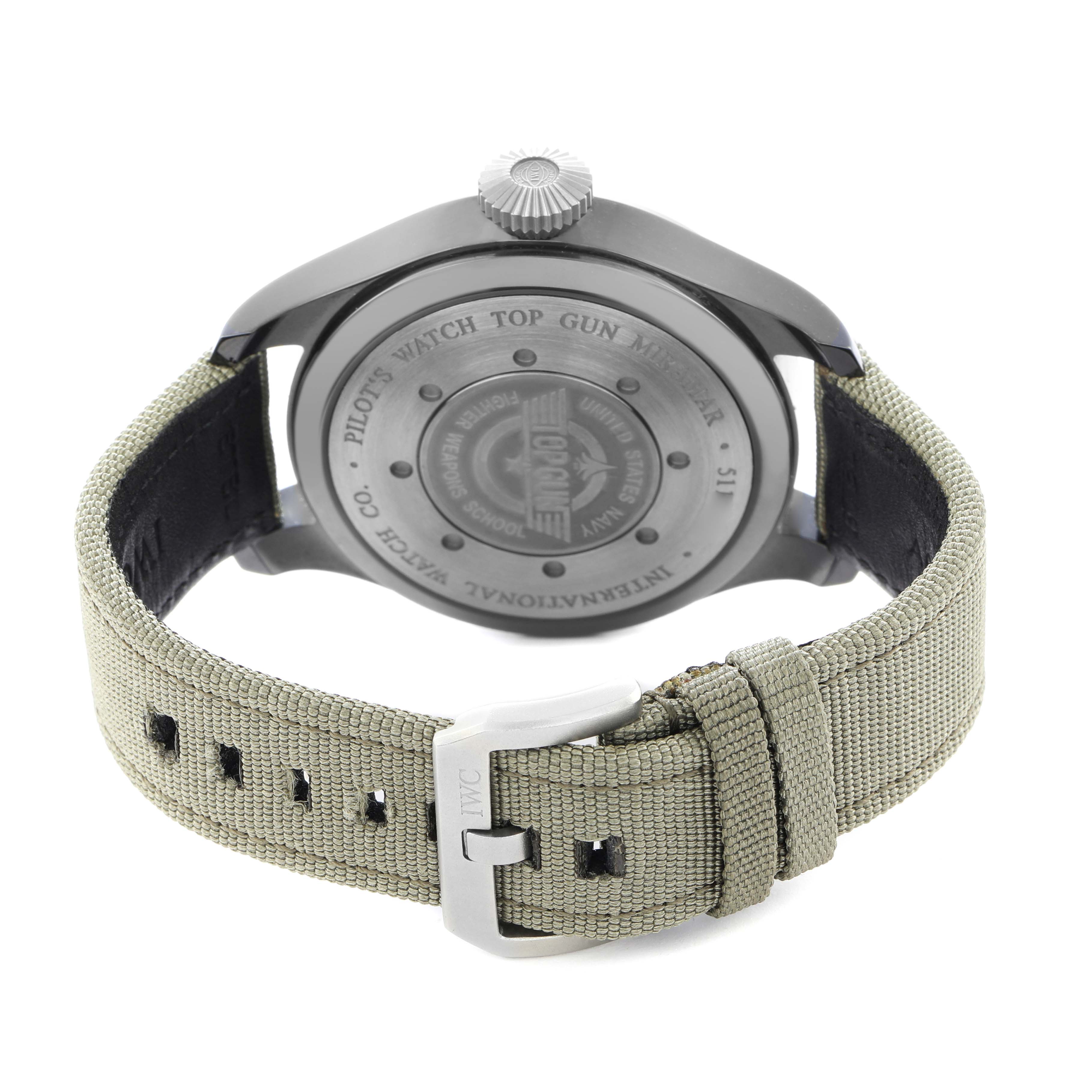 The image shows the back case and strap of an IWC Pilot IW501902 Men
s Ceramic Grey Dial watch, featuring the "TOP GUN" engraving.