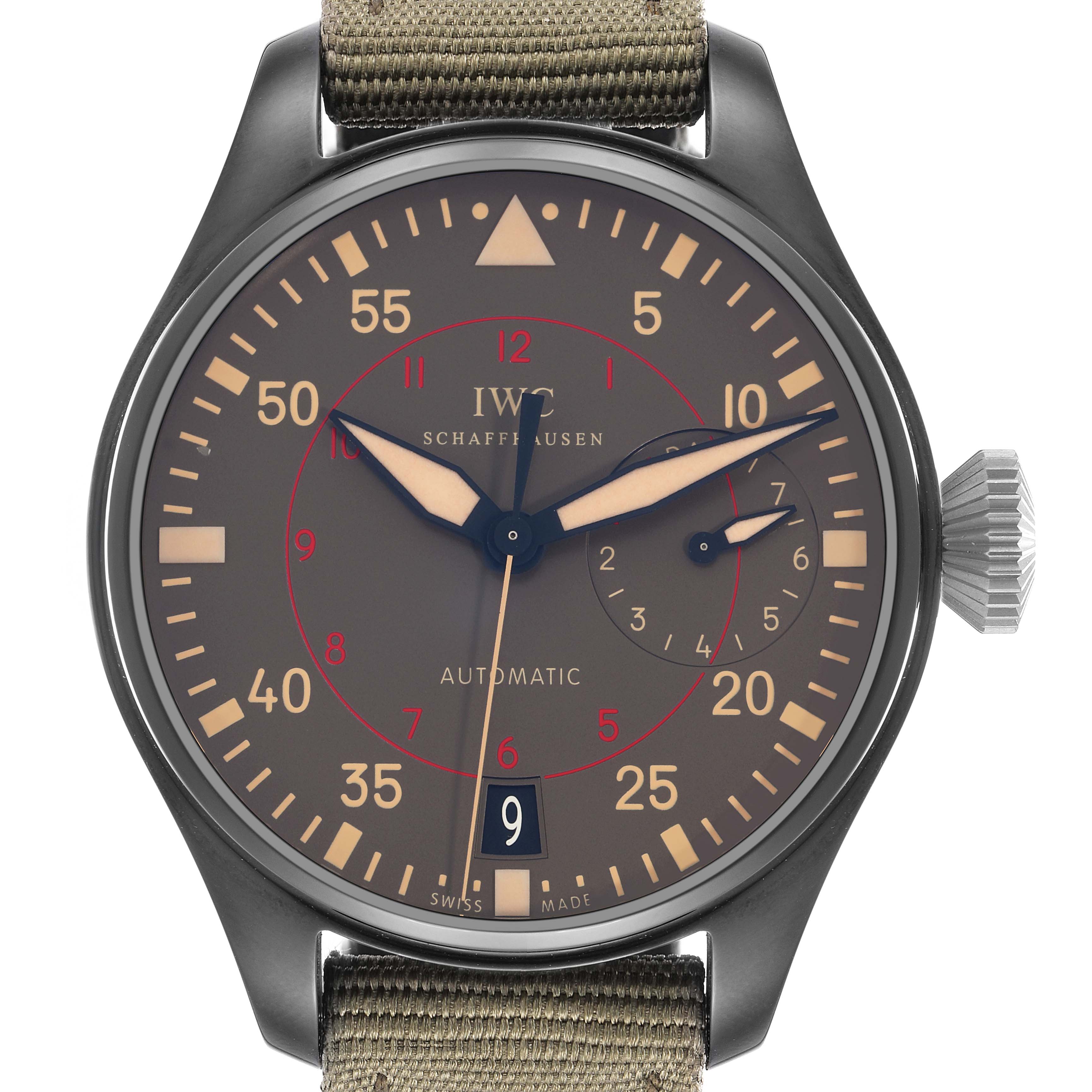 The IWC Pilot IW501902 Men
s Ceramic Grey Dial model watch is shown from the front, displaying the dial, numerals, hands, date window, and crown.