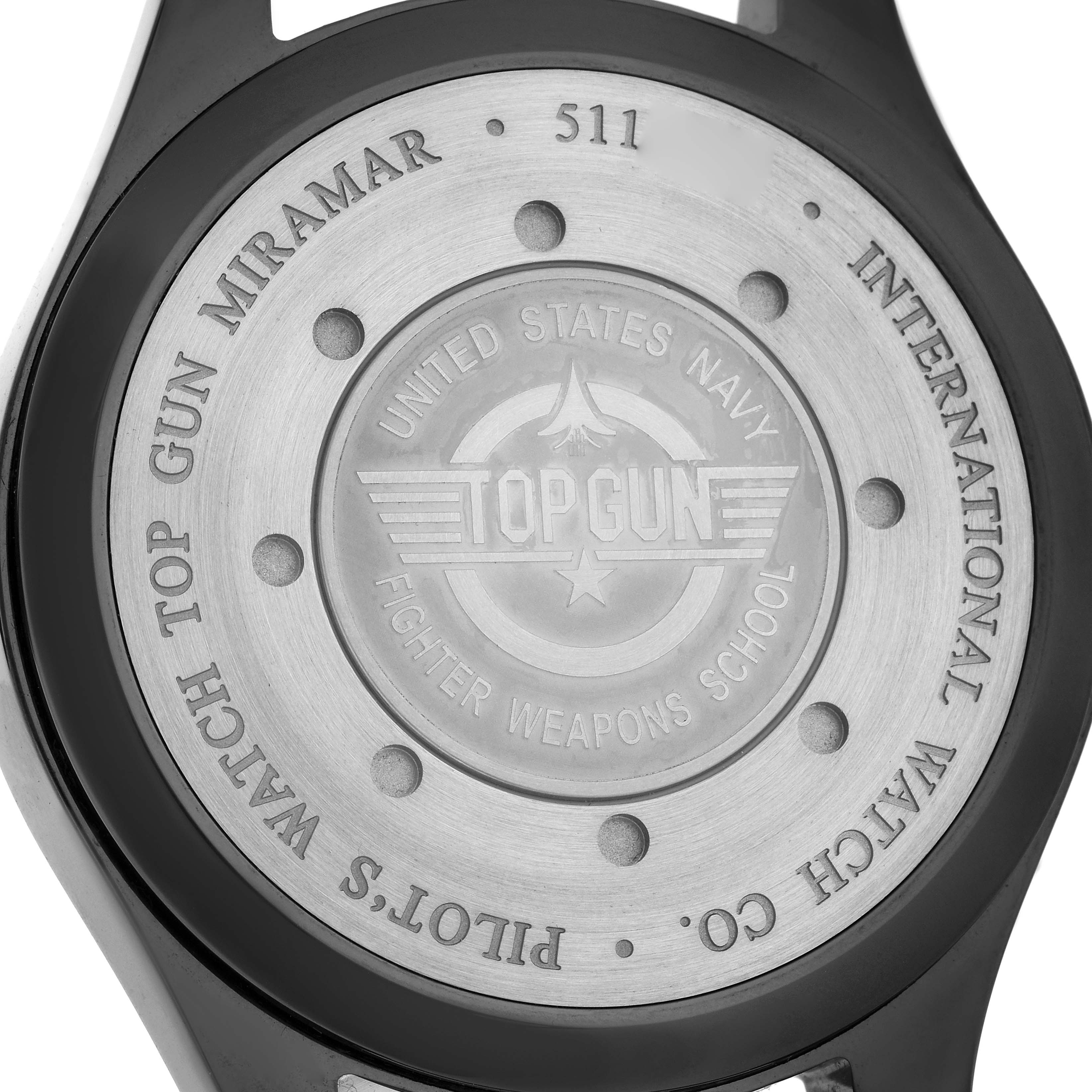 The image shows the case back of the IWC Pilot IW501902 Men
s Ceramic Grey Dial’s Watch, featuring the "Top Gun" engraving.