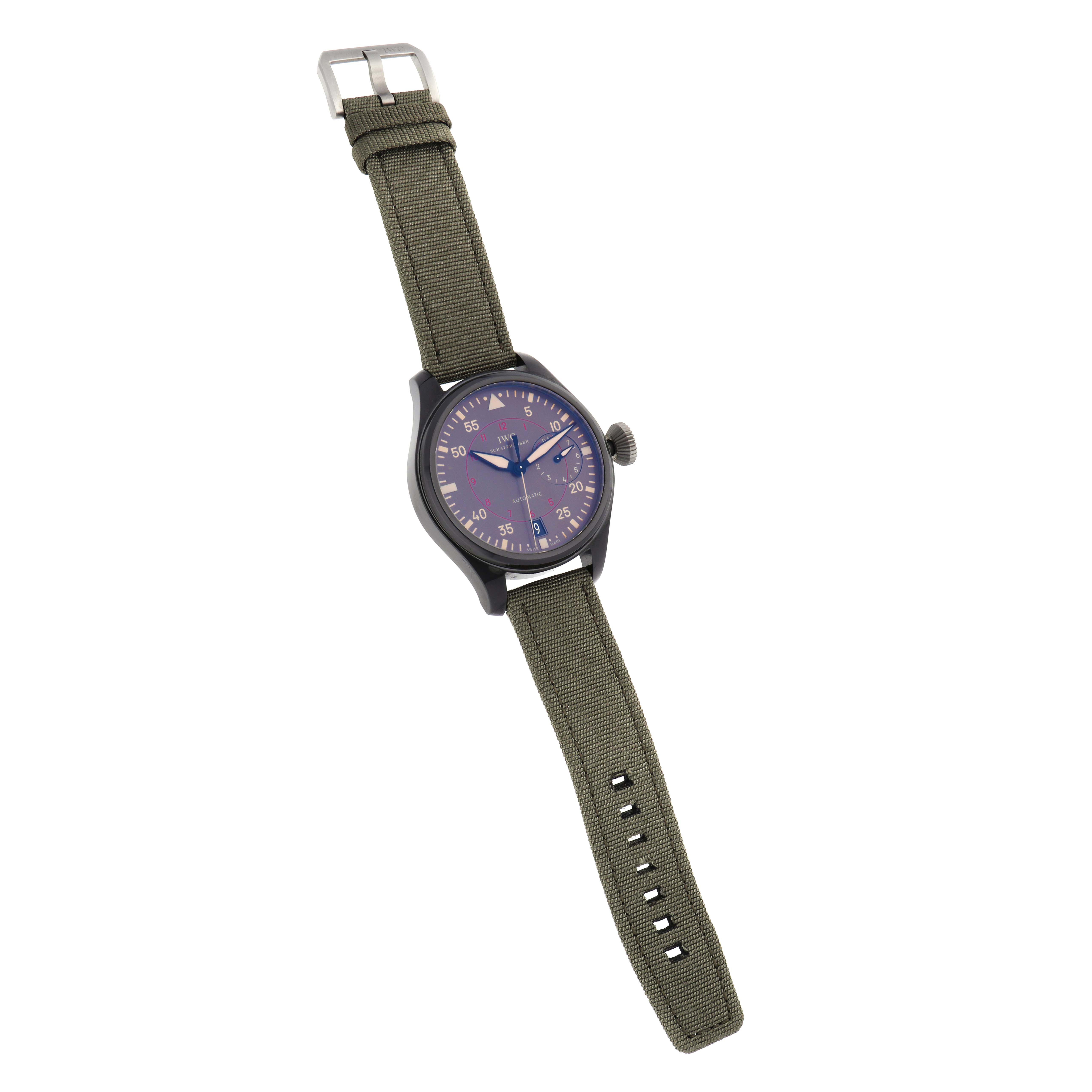 The IWC Pilot IW501902 Men
s Ceramic Grey Dial watch is displayed at a slight angle showing the face, strap, buckle, and crown.