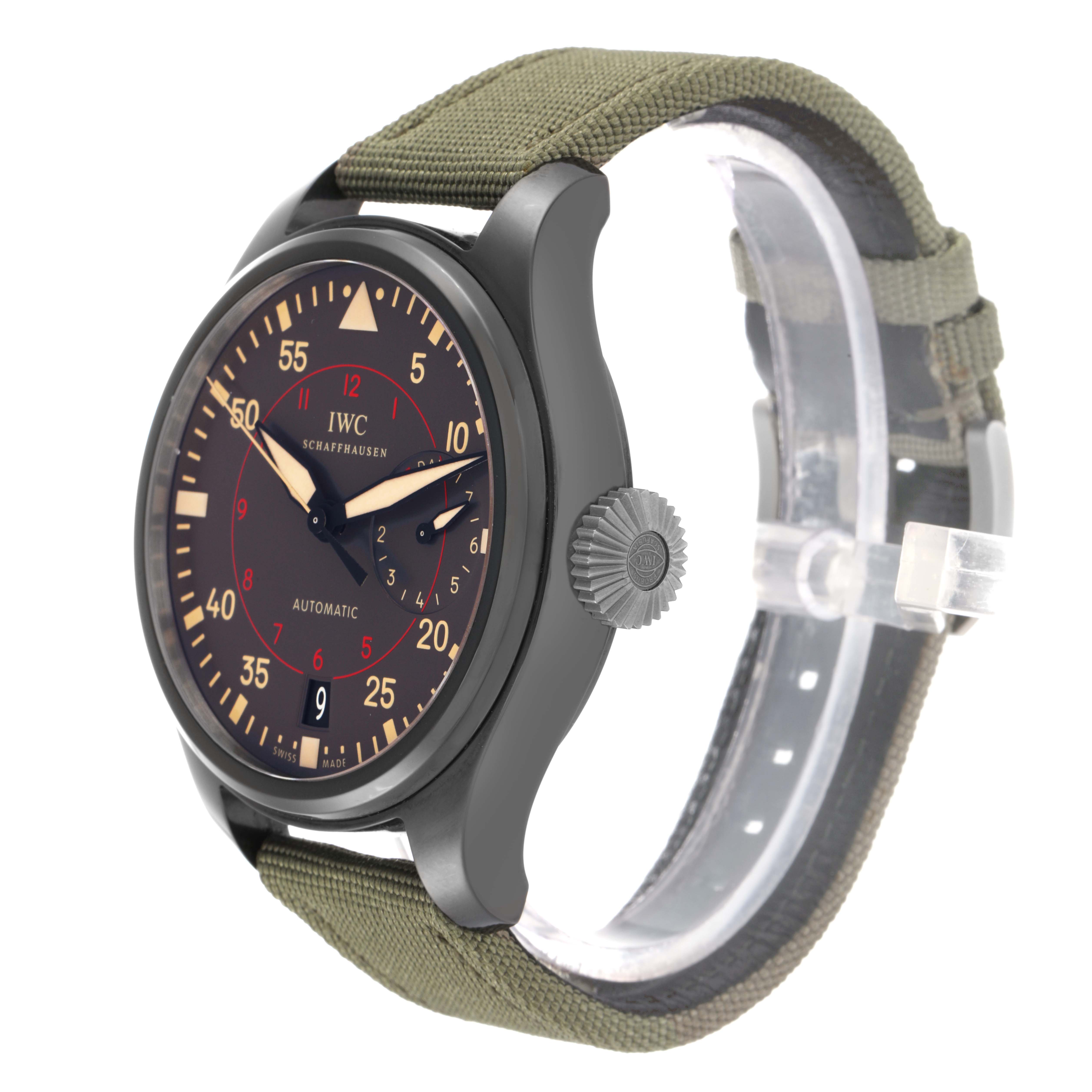 The IWC Pilot IW501902 Men
s Ceramic Grey Dial watch is shown at a side angle highlighting the case, crown, dial, and fabric strap.