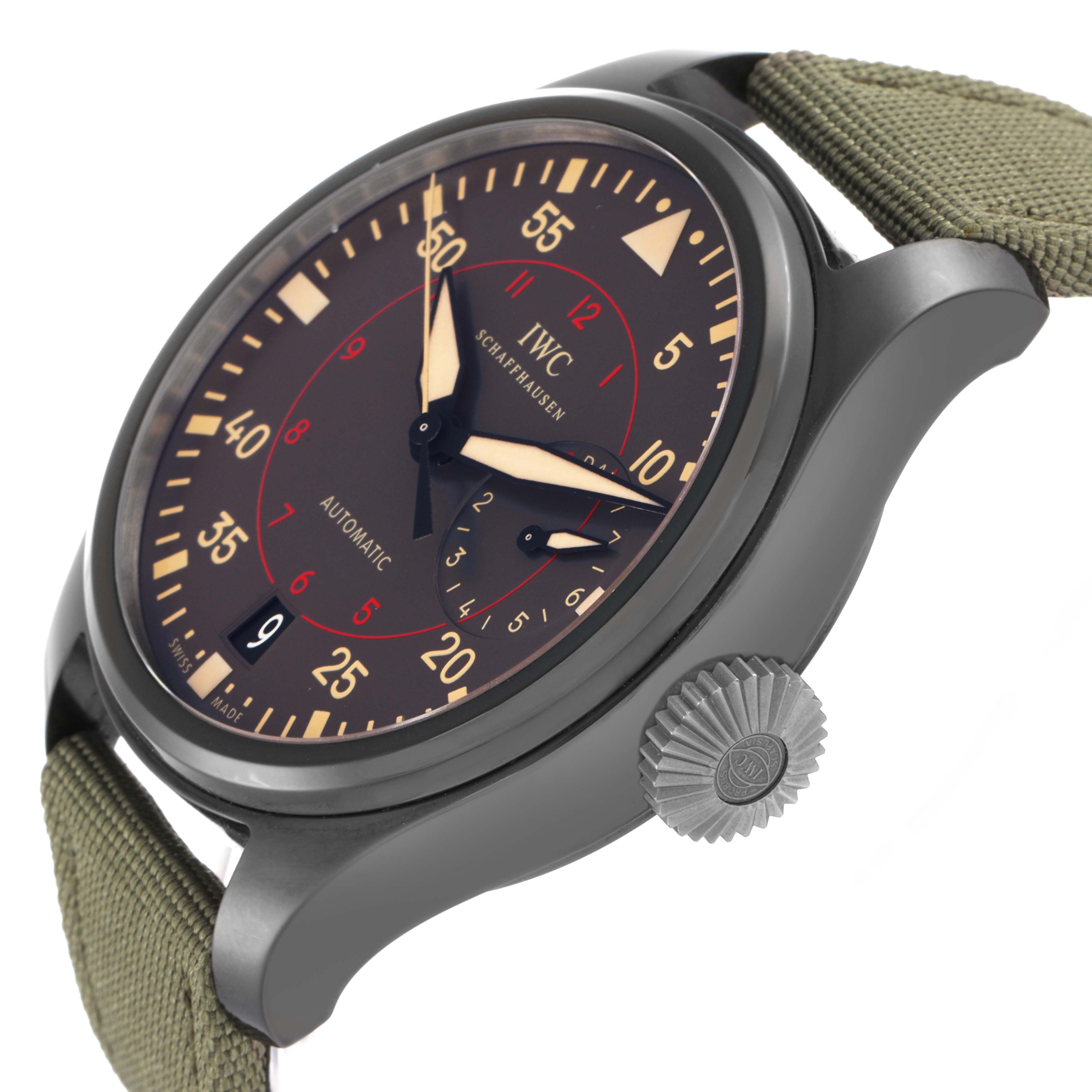 The IWC Pilot IW501902 Men
s Ceramic Grey Dial model watch is shown at a slight side angle, highlighting the crown and olive fabric strap.