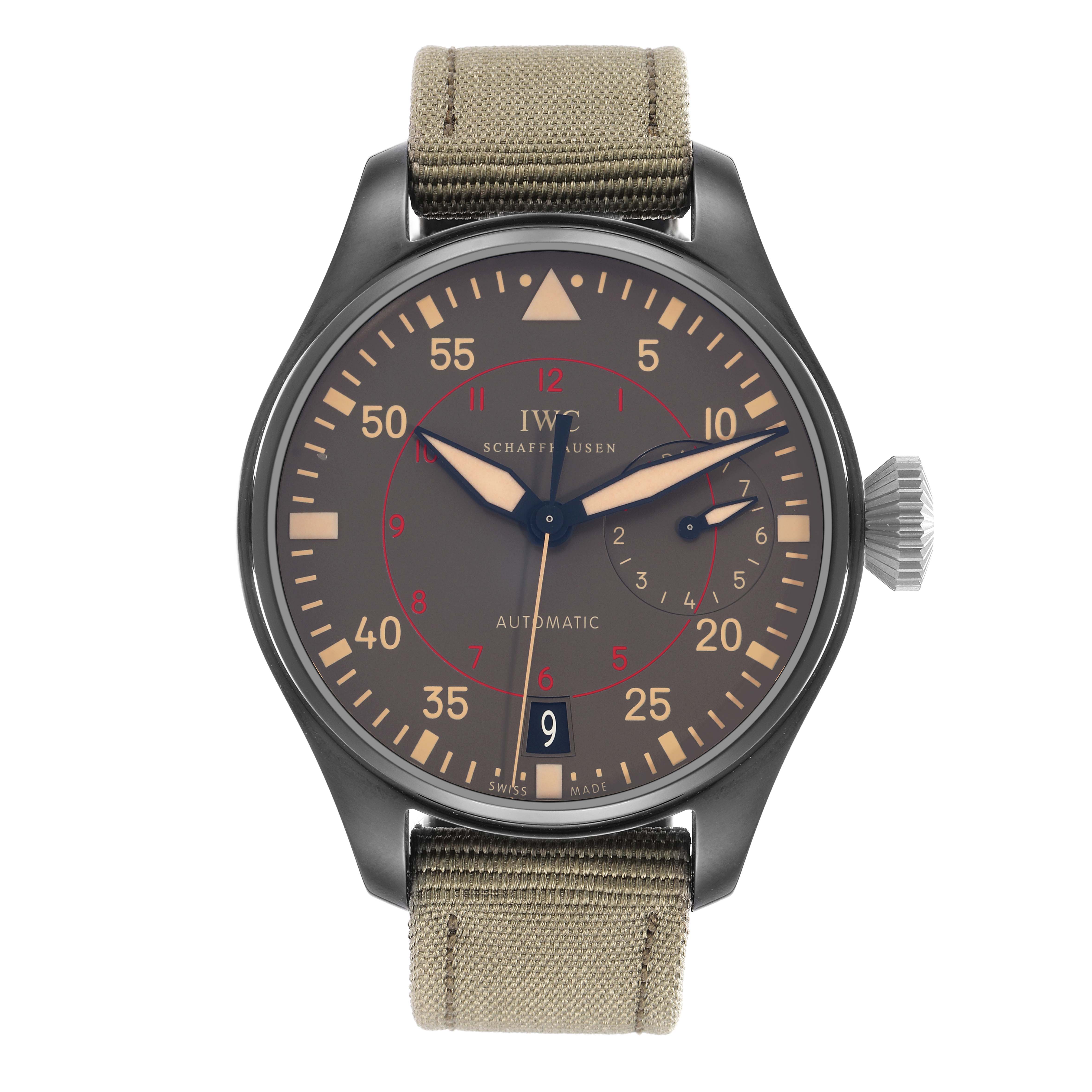 The IWC Pilot IW501902 Men
s Ceramic Grey Dial watch is shown from a front angle, displaying its face, crown, and strap.
