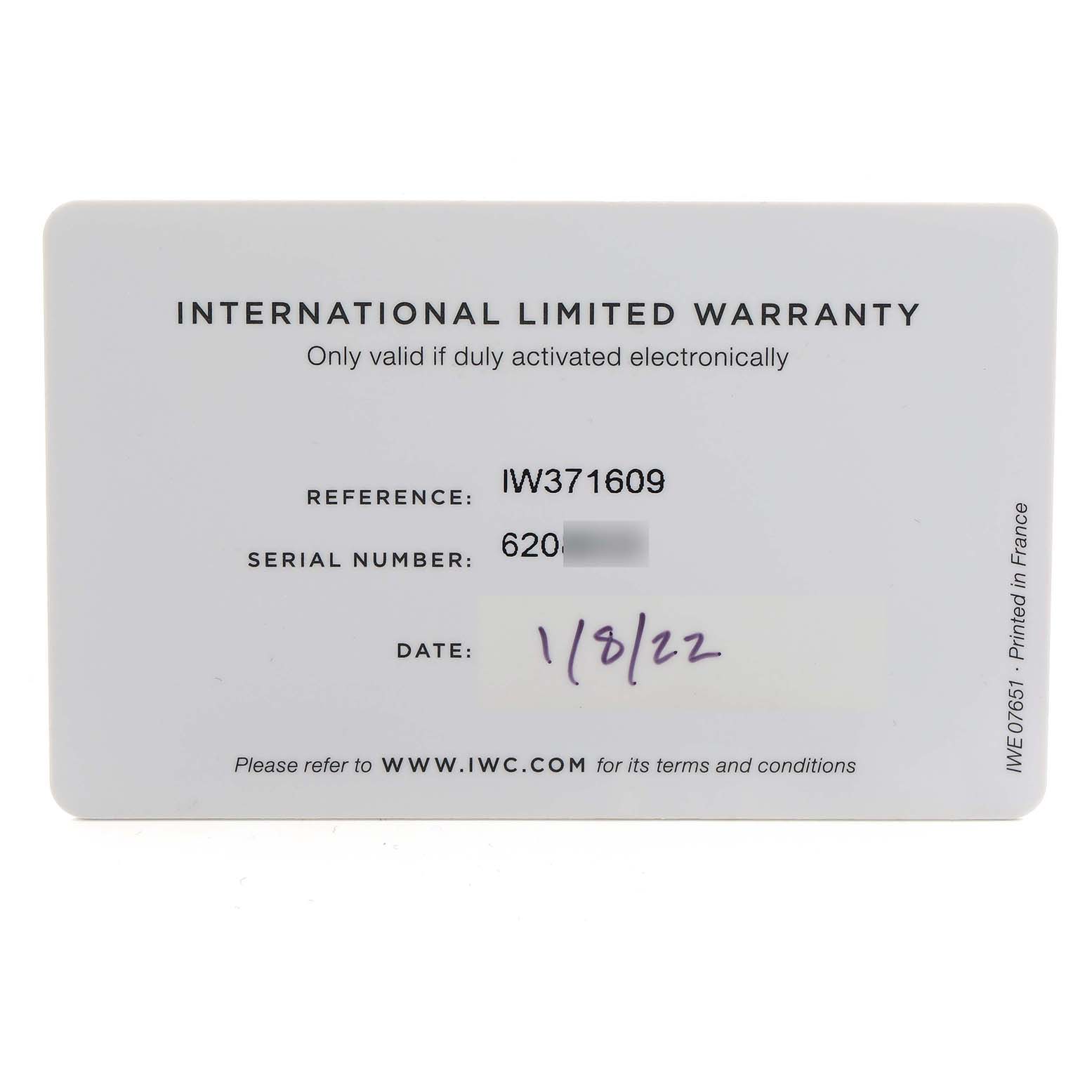 The image shows an IWC Portuguese IW371609 Men
s Stainless Steel Black Dial model warranty card with reference and serial numbers visible.