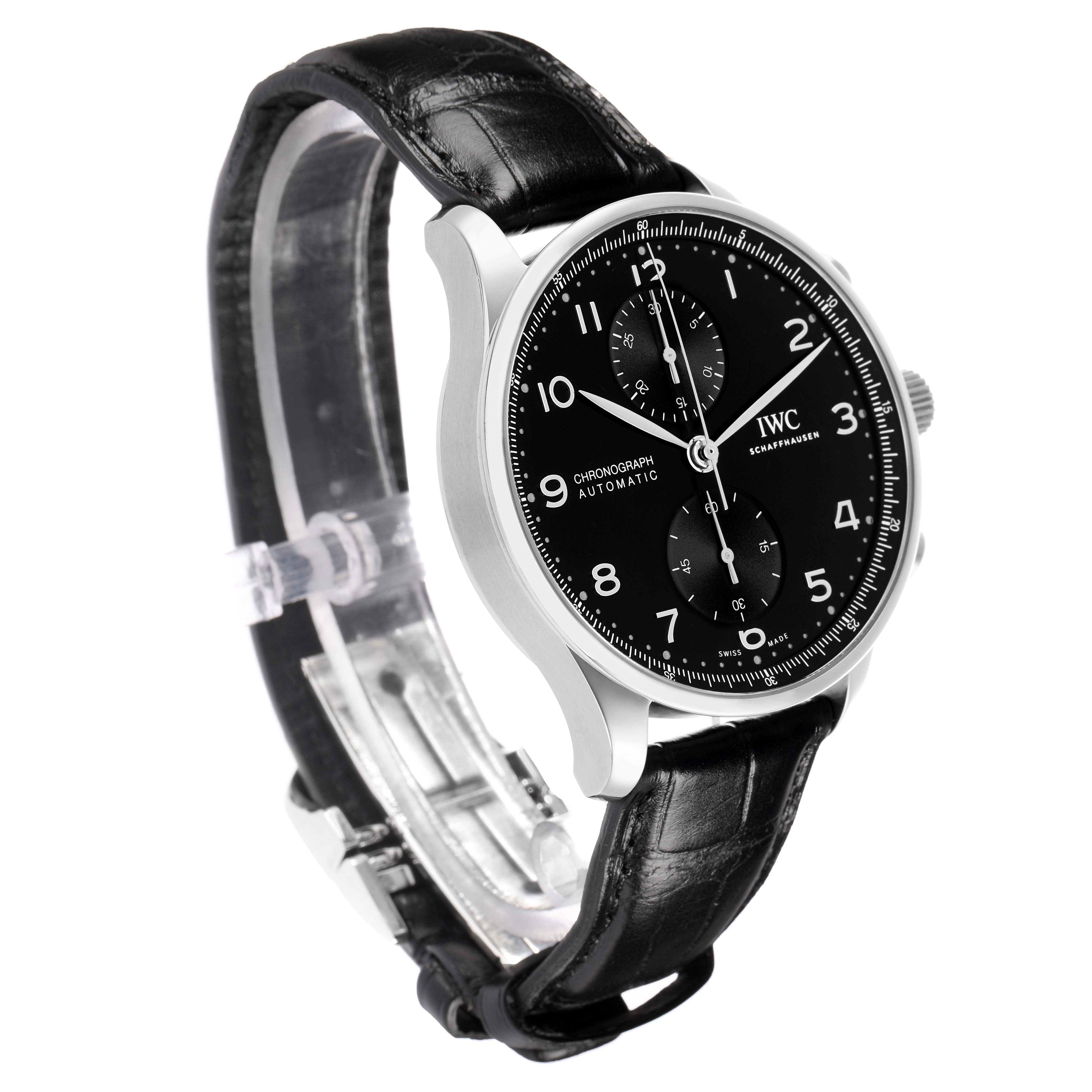 The IWC Portuguese IW371609 Men
s Stainless Steel Black Dial watch is shown at a three-quarter angle, highlighting the black dial and leather strap.
