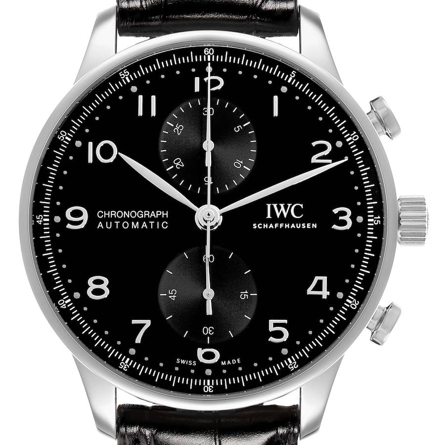 The IWC Portuguese IW371609 Men's Stainless Steel Black Dial watch is shown from a front view, displaying its black dial, chronograph sub-dials, and silver hour markers.