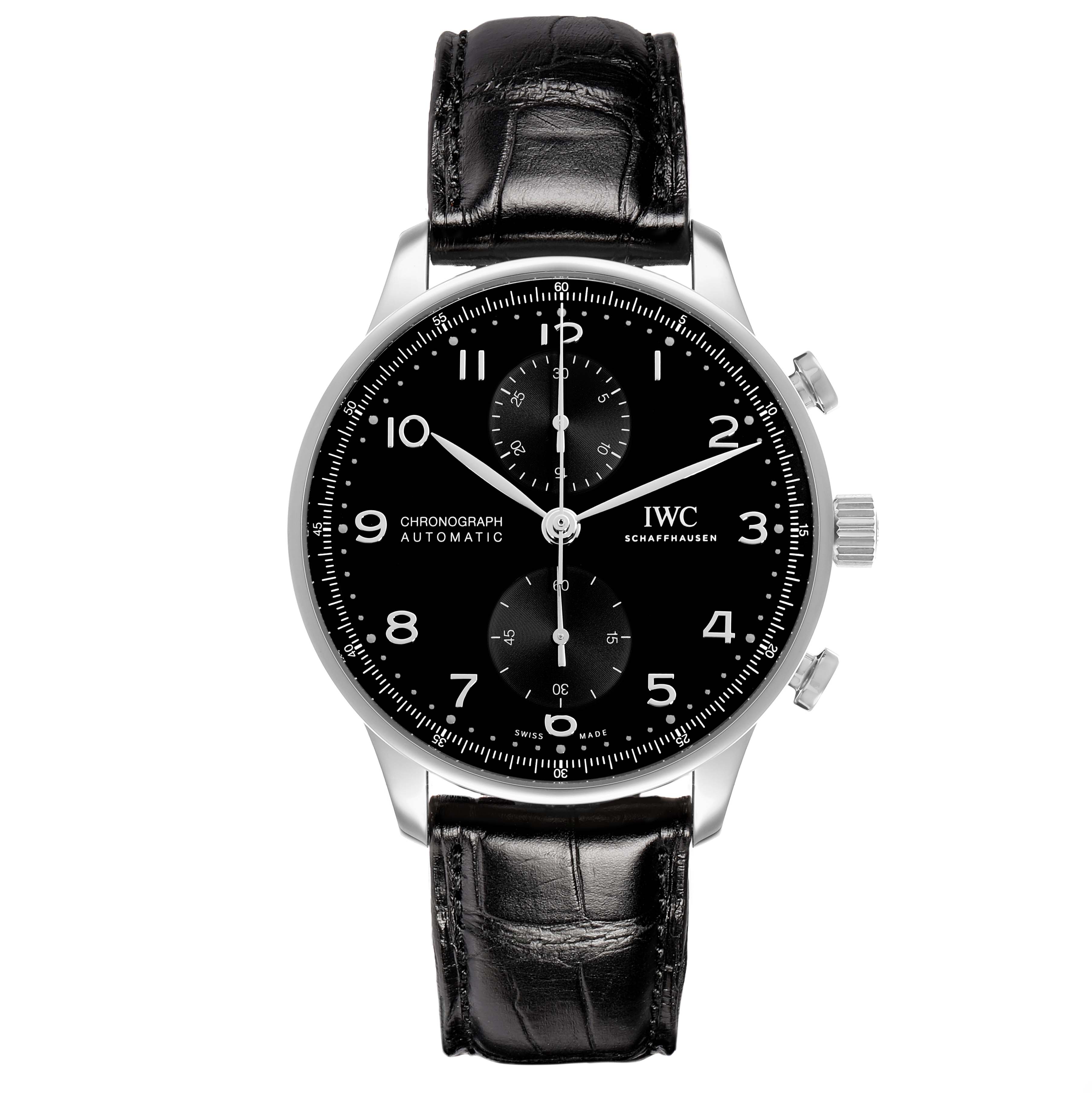 The IWC Portuguese IW371609 Men
s Stainless Steel Black Dial watch is shown from the front, displaying the dial, hands, chronograph subdials, and leather strap.