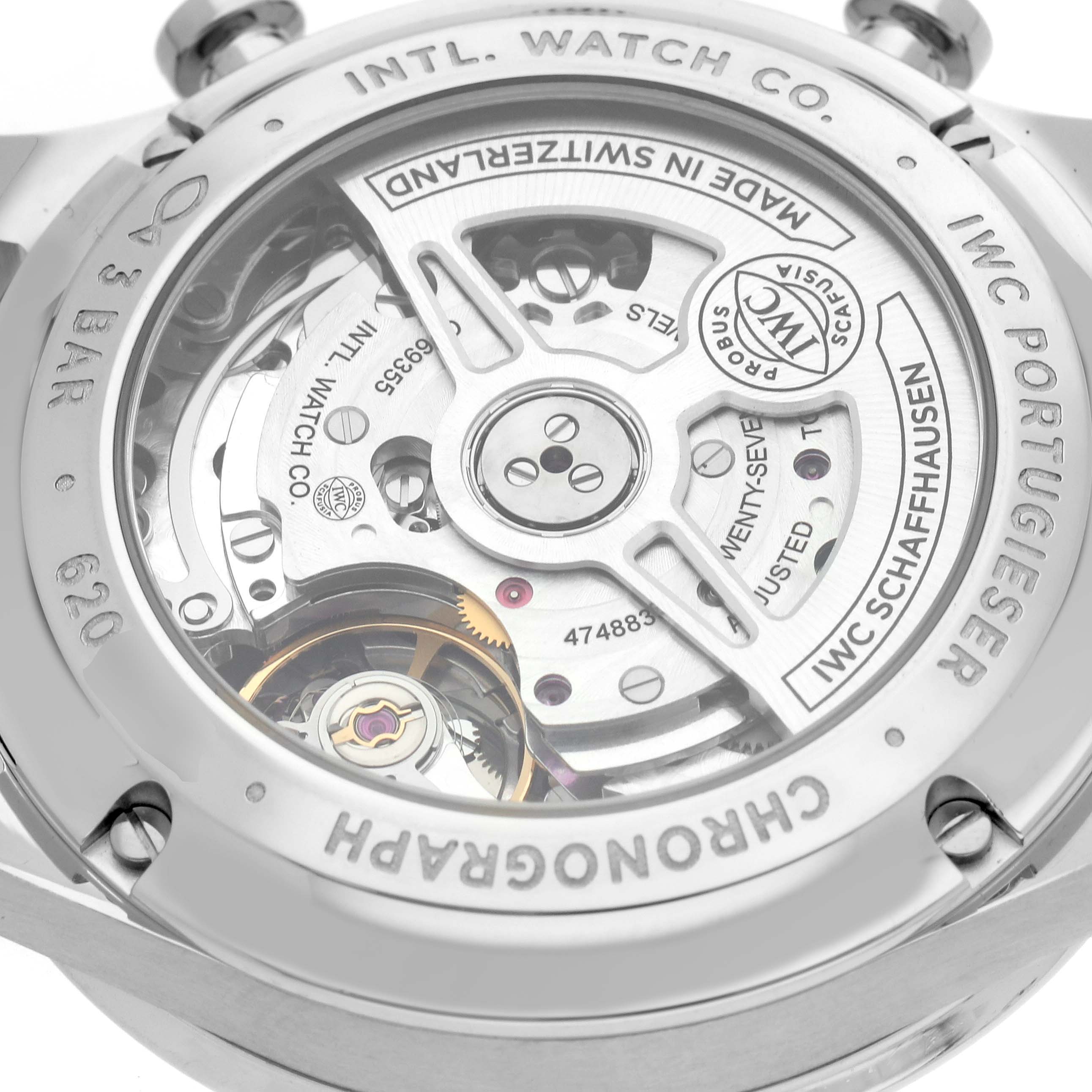 This image shows the back of an IWC Portuguese IW371609 Men
s Stainless Steel Black Dial watch, highlighting its intricate movement and rotor mechanism.