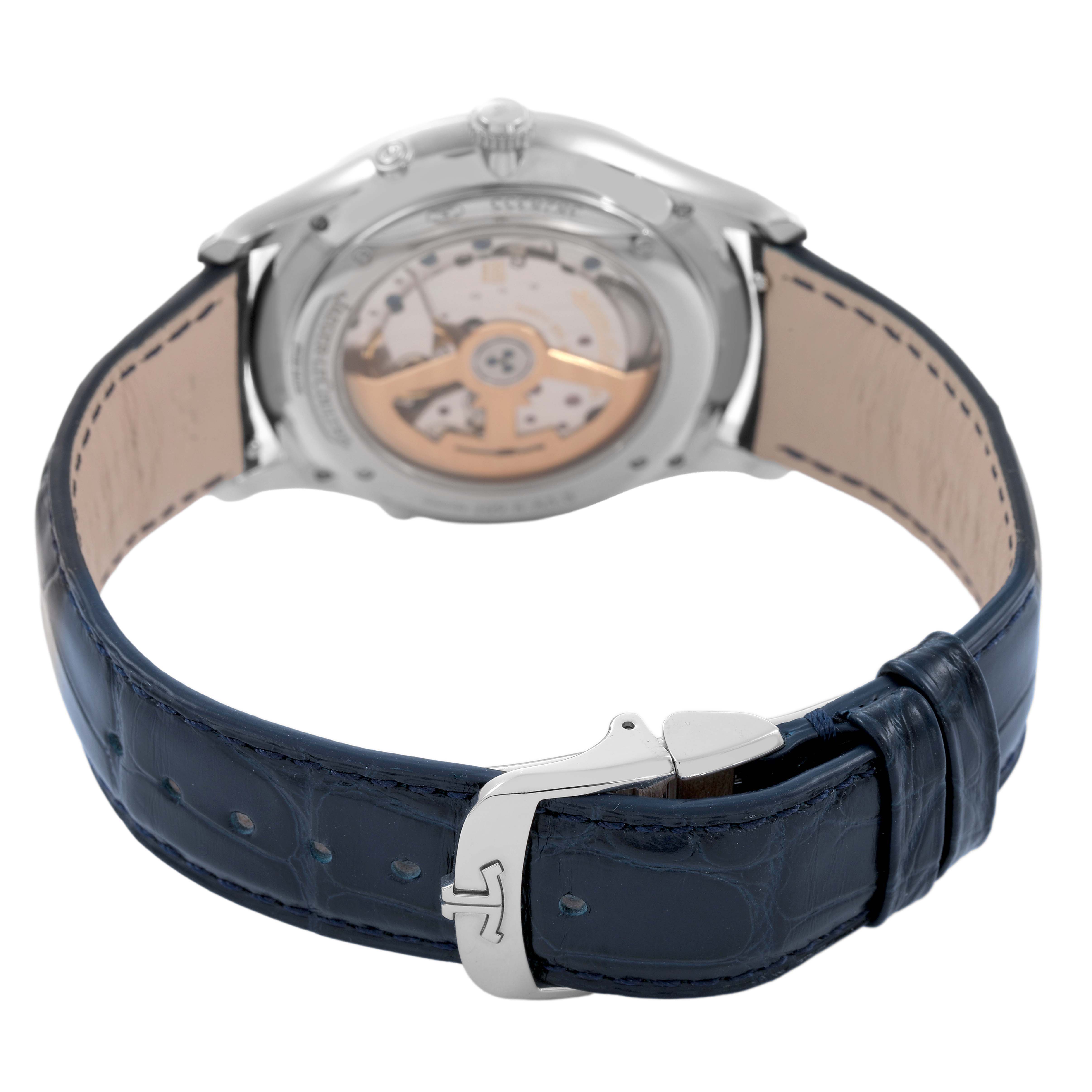 The Jaeger LeCoultre Master Q1368480 Men's Stainless Steel Blue Dial watch is shown from the back, highlighting the case back and an open blue leather strap with a clasp.
