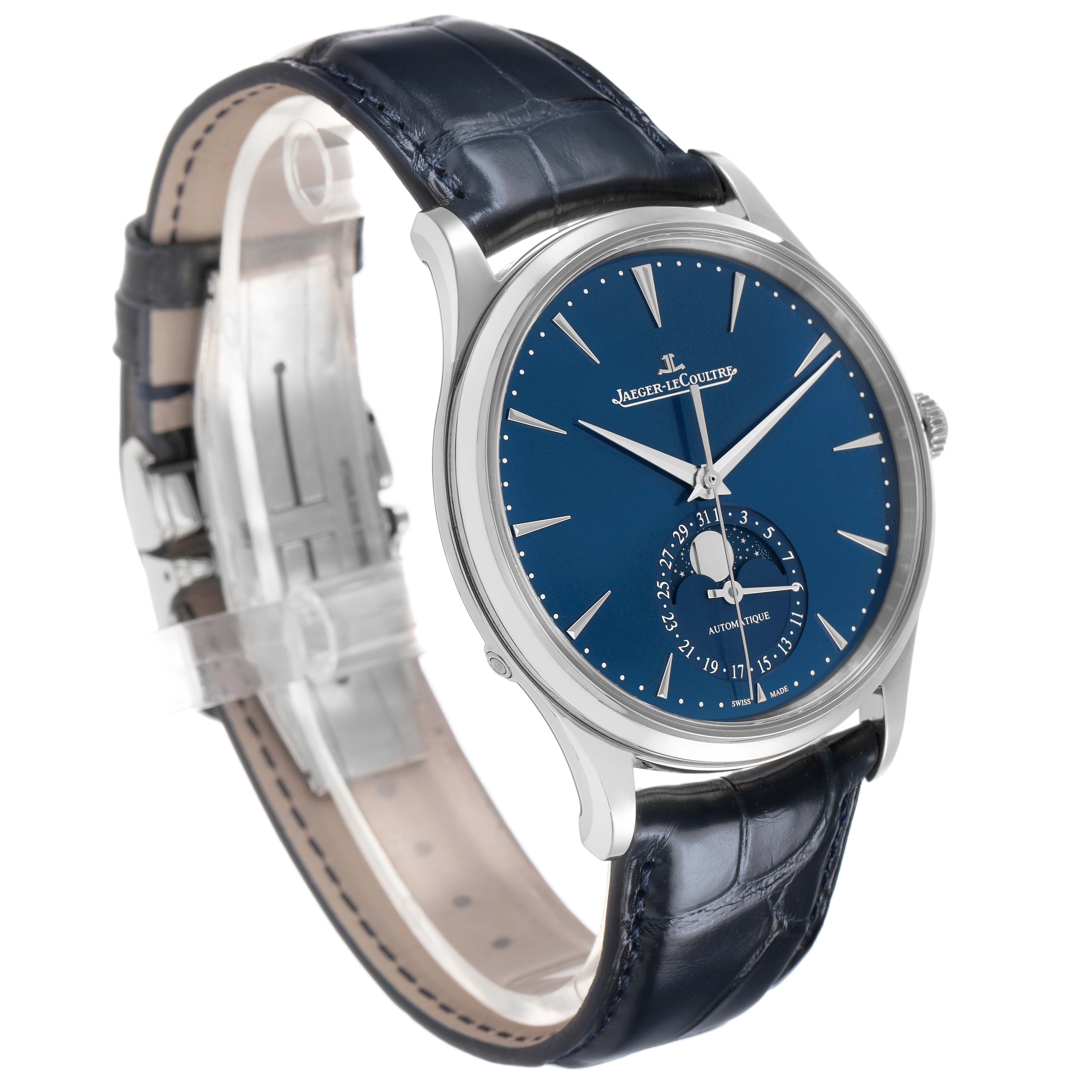 The Jaeger-LeCoultre Master watch is shown at a three-quarter angle displaying the dial, case, and leather strap.