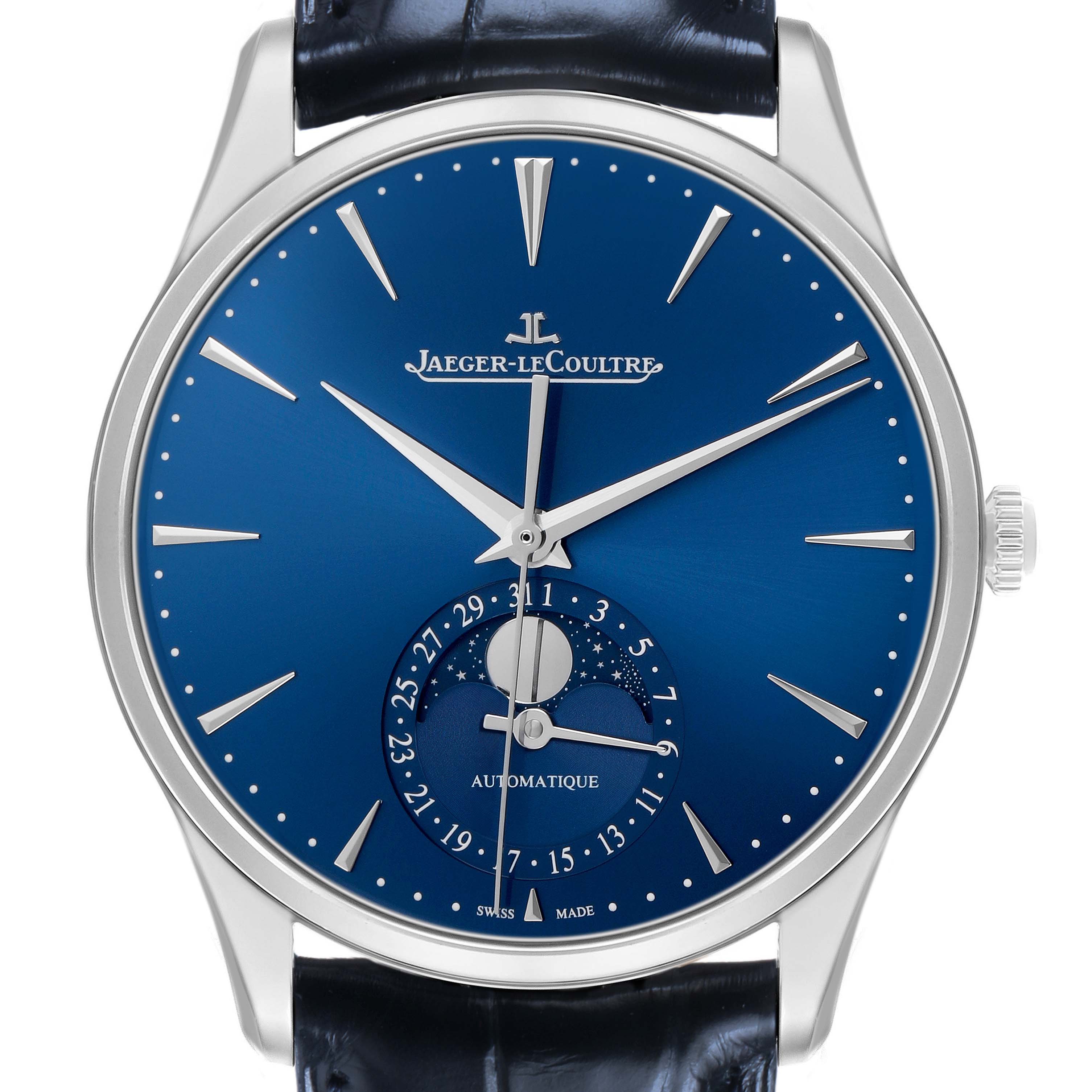 The Jaeger-LeCoultre Master watch is shown from the front, displaying the blue dial, hands, indices, and moon phase complication.