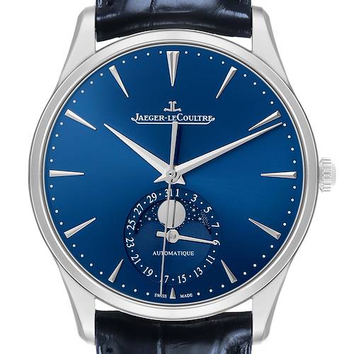 The Jaeger LeCoultre Master Q1368480 Men's Stainless Steel Blue Dial watch is shown from the front, displaying the dial, hands, moon phase, and leather strap detail.