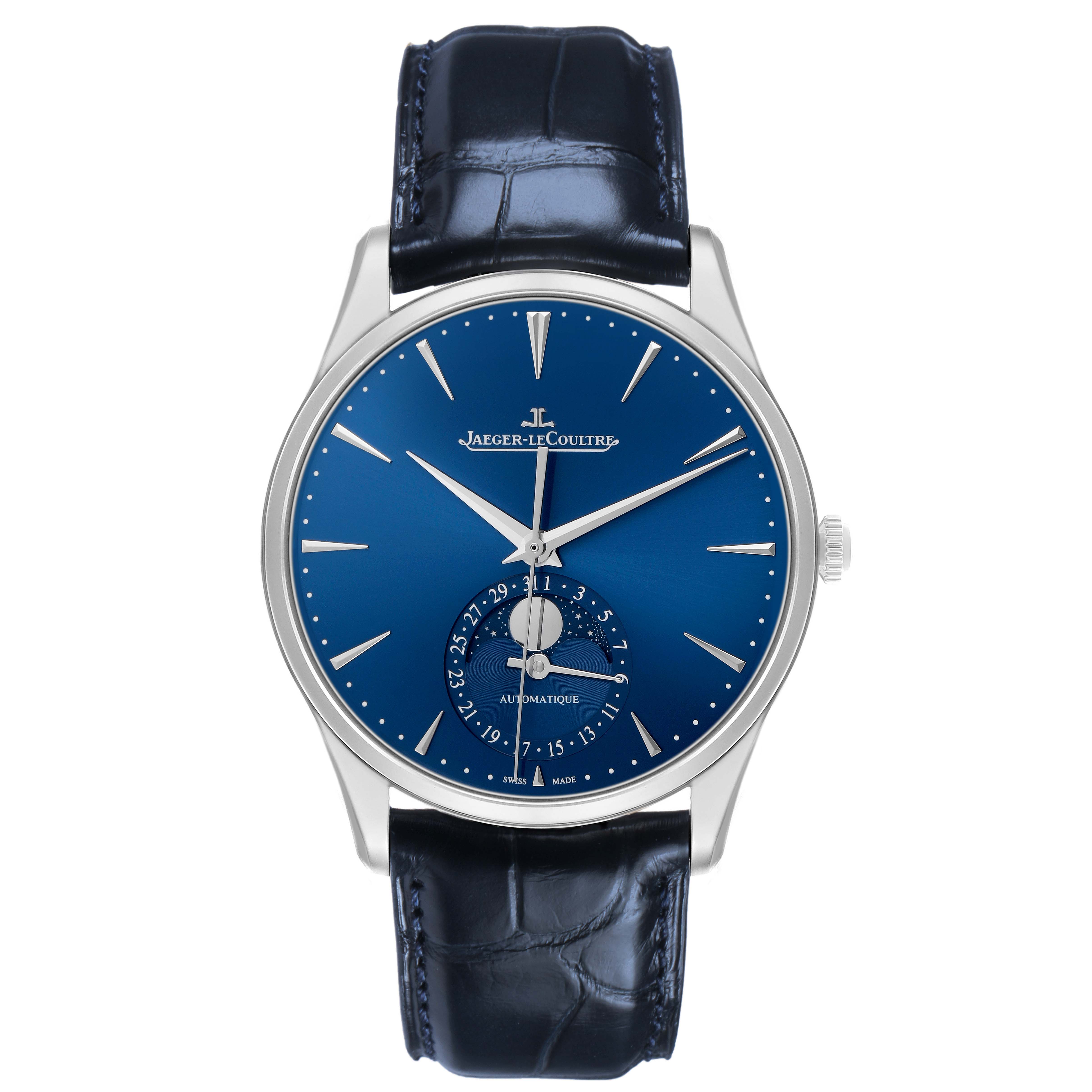 The Jaeger LeCoultre Master Q1368480 Men's Stainless Steel Blue Dial watch is shown from a front angle, featuring a blue dial, moon phase, and a black leather strap.