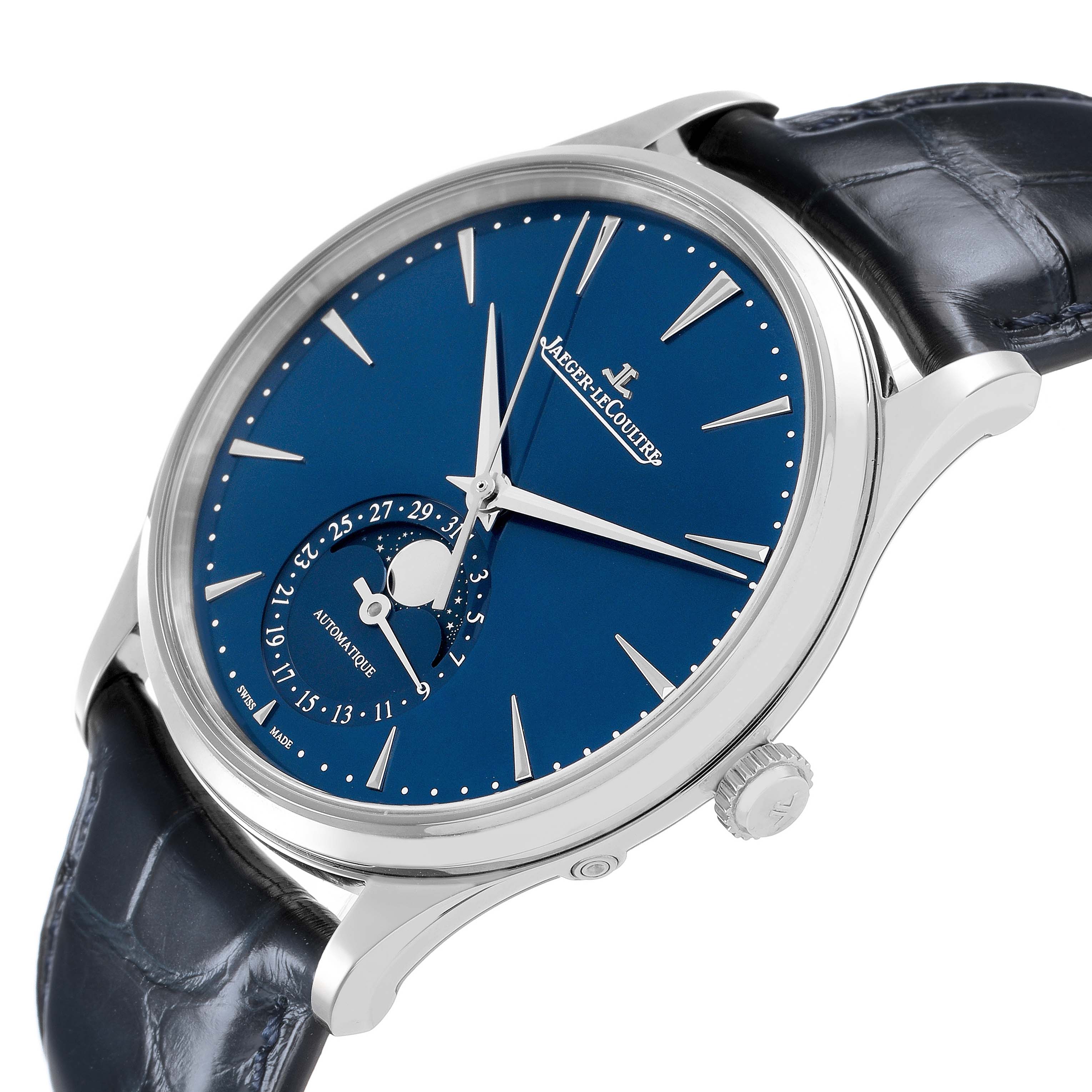 The Jaeger LeCoultre Master Q1368480 Men's Stainless Steel Blue Dial watch is displayed at an angle showing the dial, crown, and part of the leather strap.