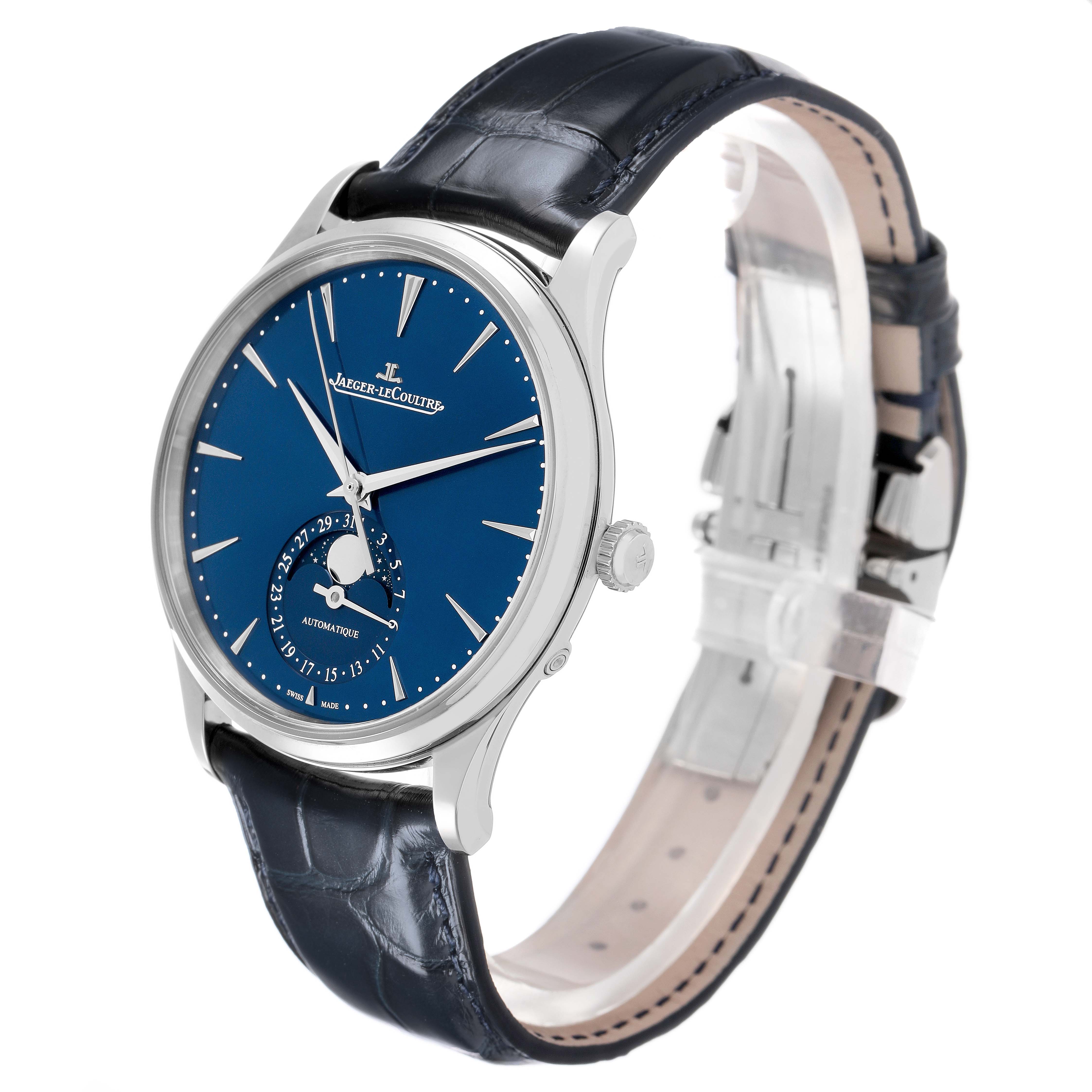 The Jaeger-LeCoultre Master model watch is shown at a slightly angled side view, highlighting the blue dial and leather strap.