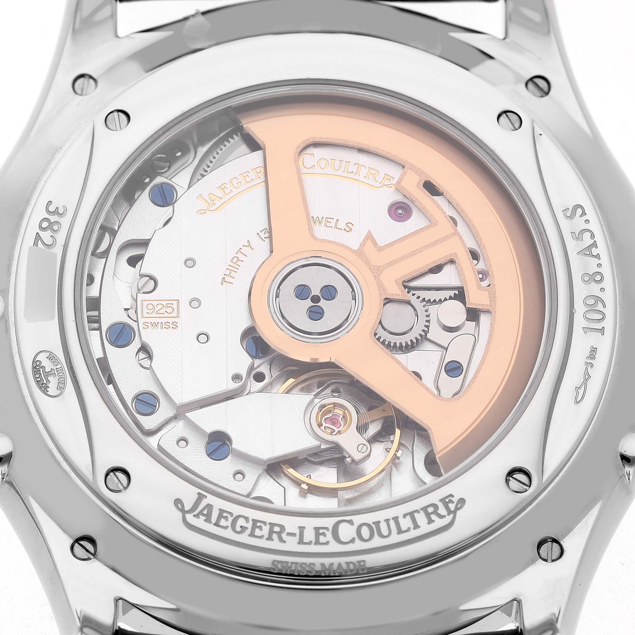 The image shows the reverse side of a Jaeger-LeCoultre Master model watch, highlighting its movement and rotor.