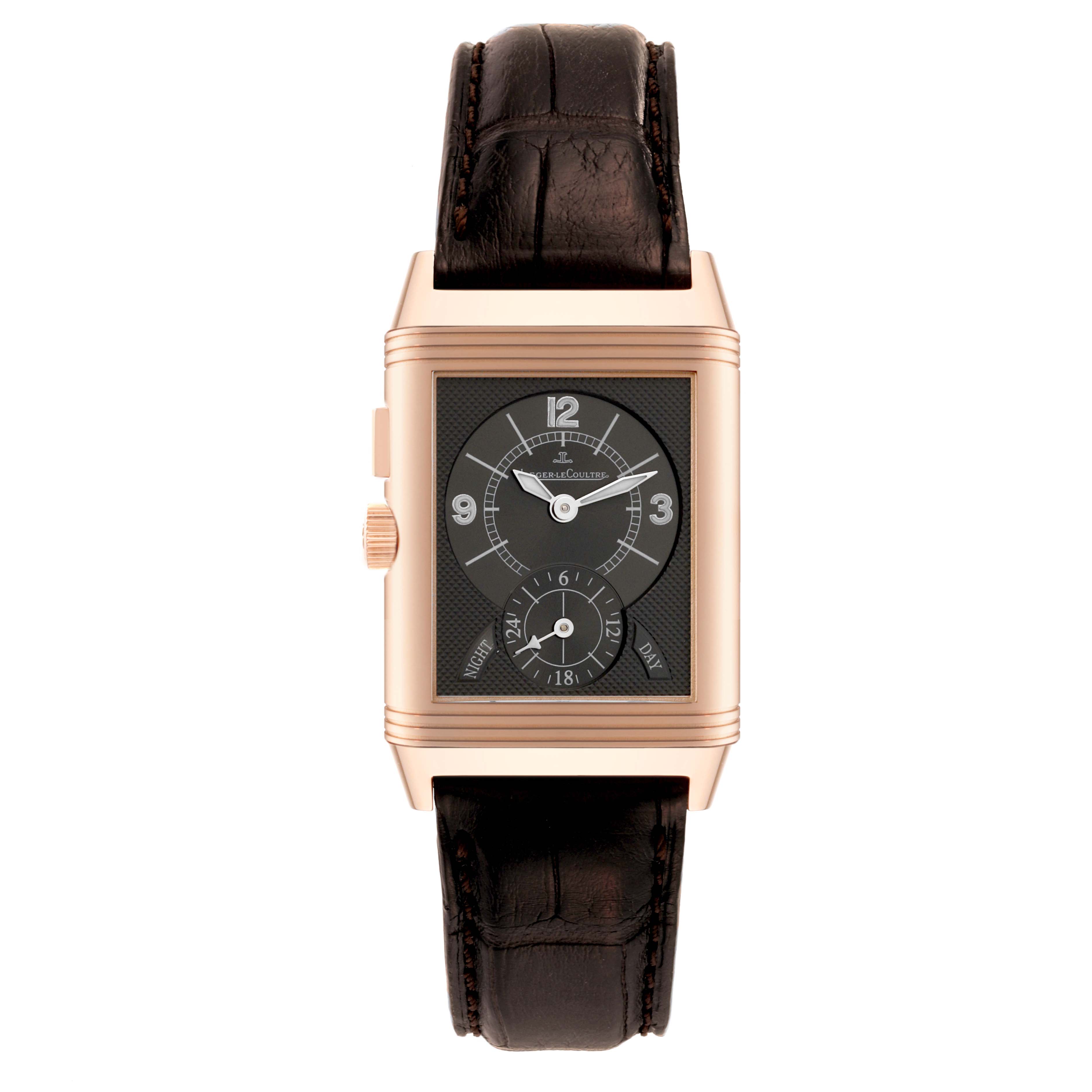 This image shows a front view of the Jaeger-LeCoultre Reverso watch, featuring its rectangular case and leather strap.