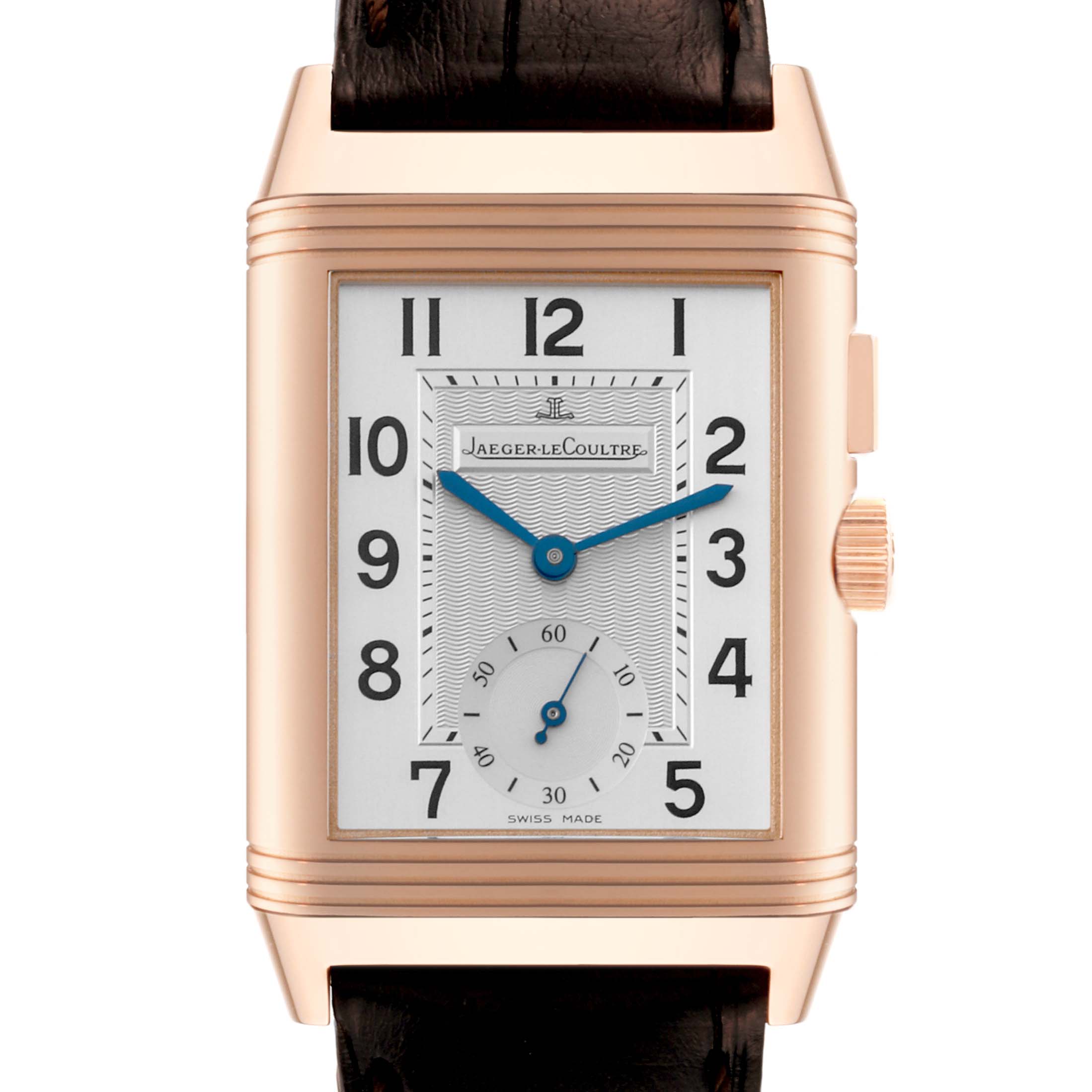 The image shows a front view of a Jaeger LeCoultre Reverso Q2712411 Men's Rose Gold Silver Dial Q2712411 Men's Rose Gold Silver Dial watch displaying its face, strap, and crown.