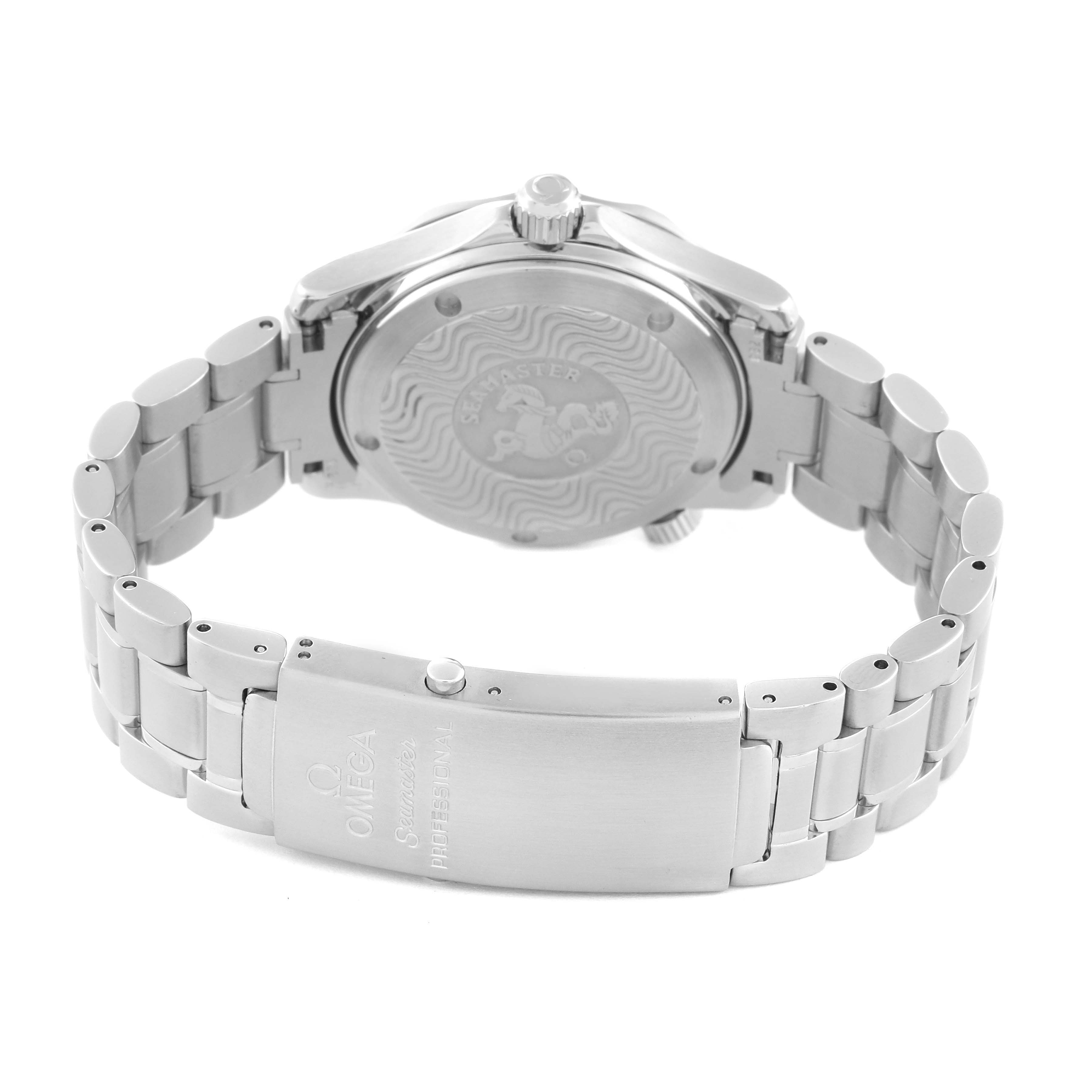 The image shows the back of an Omega Seamaster 2253.80.00 Men
s Stainless Steel Blue Dial 2253.80.00 Men
s Stainless Steel Blue Dial watch, highlighting the clasp and case back detailing.