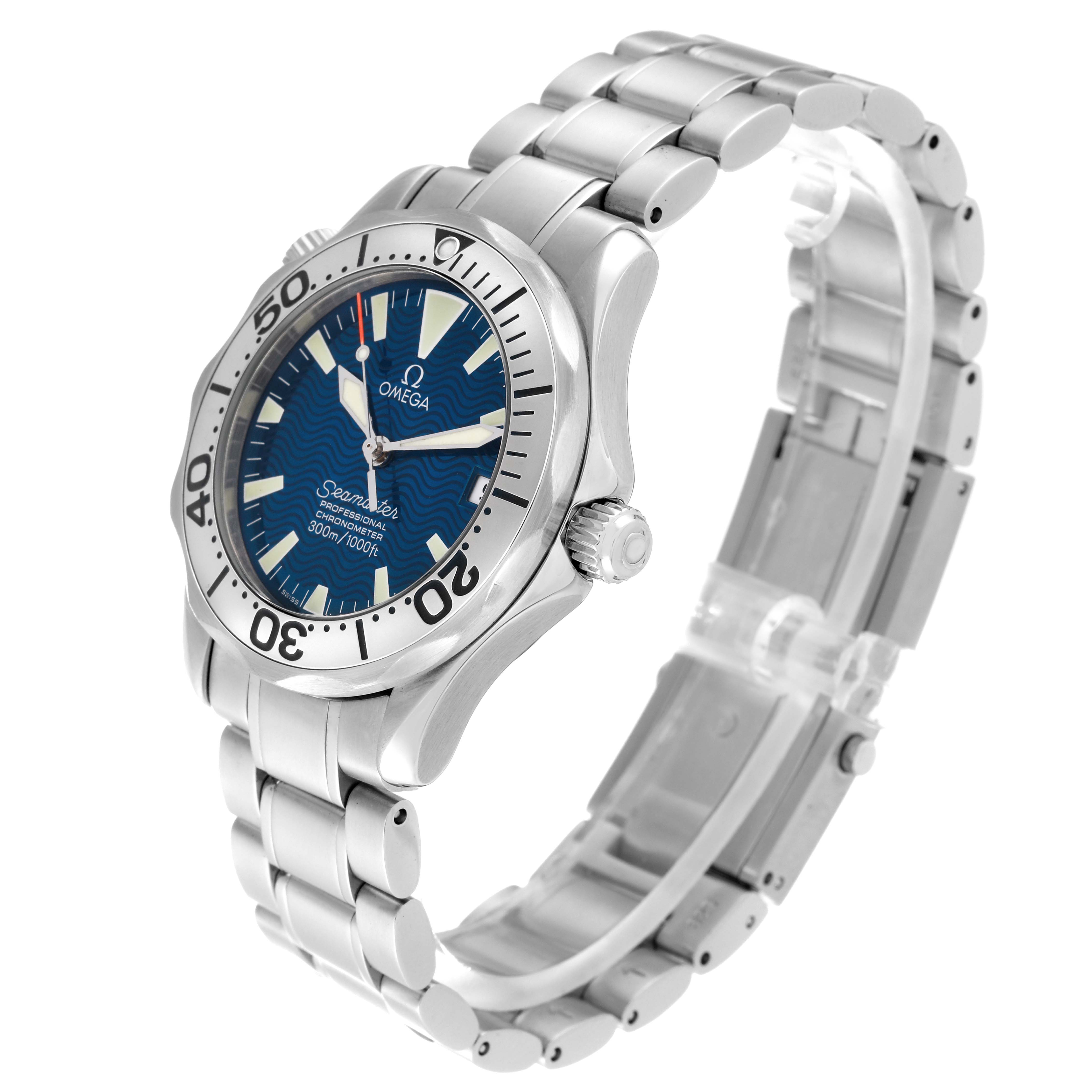 The image shows an Omega Seamaster 2253.80.00 Men
s Stainless Steel Blue Dial 2253.80.00 Men
s Stainless Steel Blue Dial watch at a three-quarter angle, displaying the face, bezel, crown, and bracelet.
