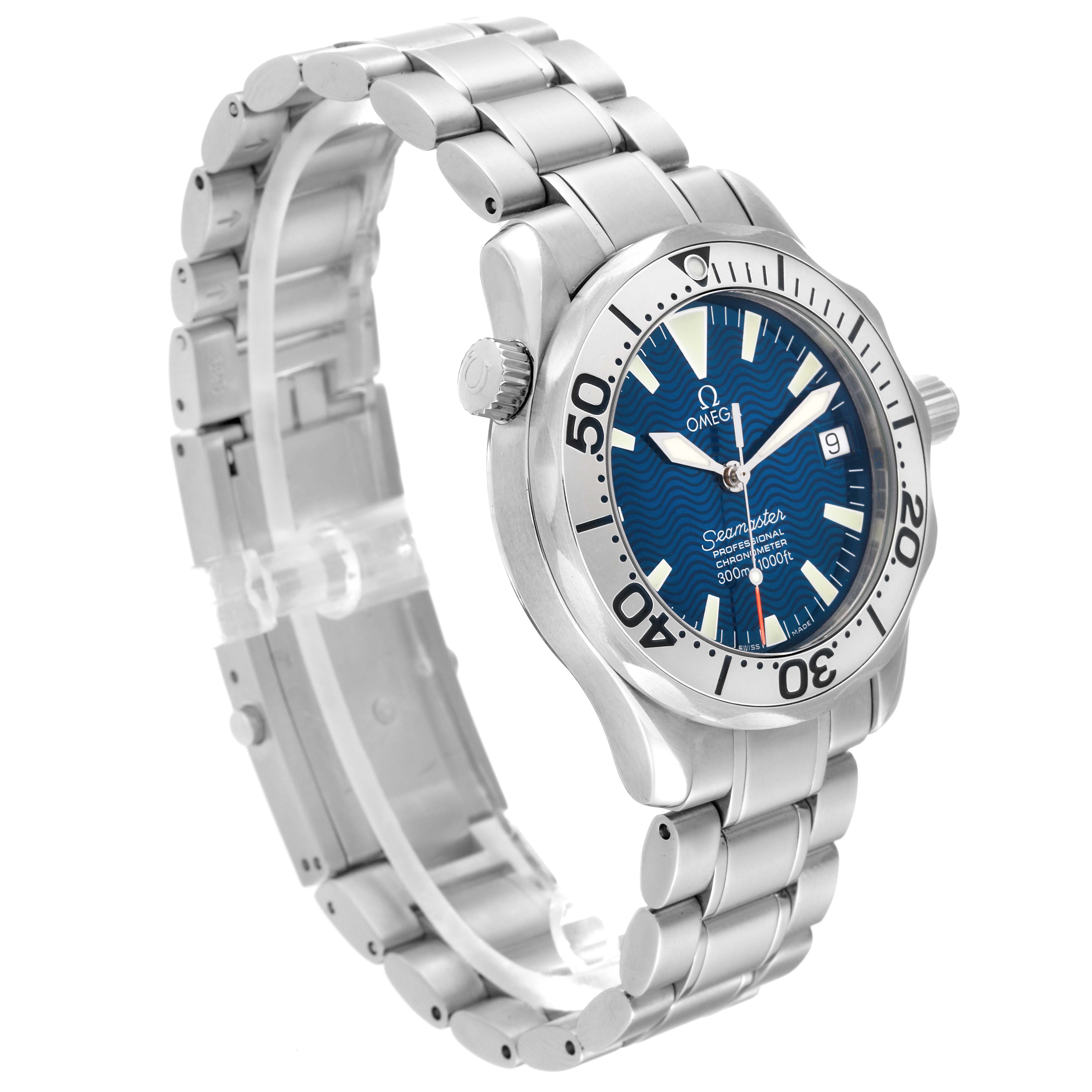 The Omega Seamaster 2253.80.00 Men
s Stainless Steel Blue Dial 2253.80.00 Men
s Stainless Steel Blue Dial watch is shown at a three-quarter angle, highlighting its blue dial, stainless steel bracelet, and bezel.