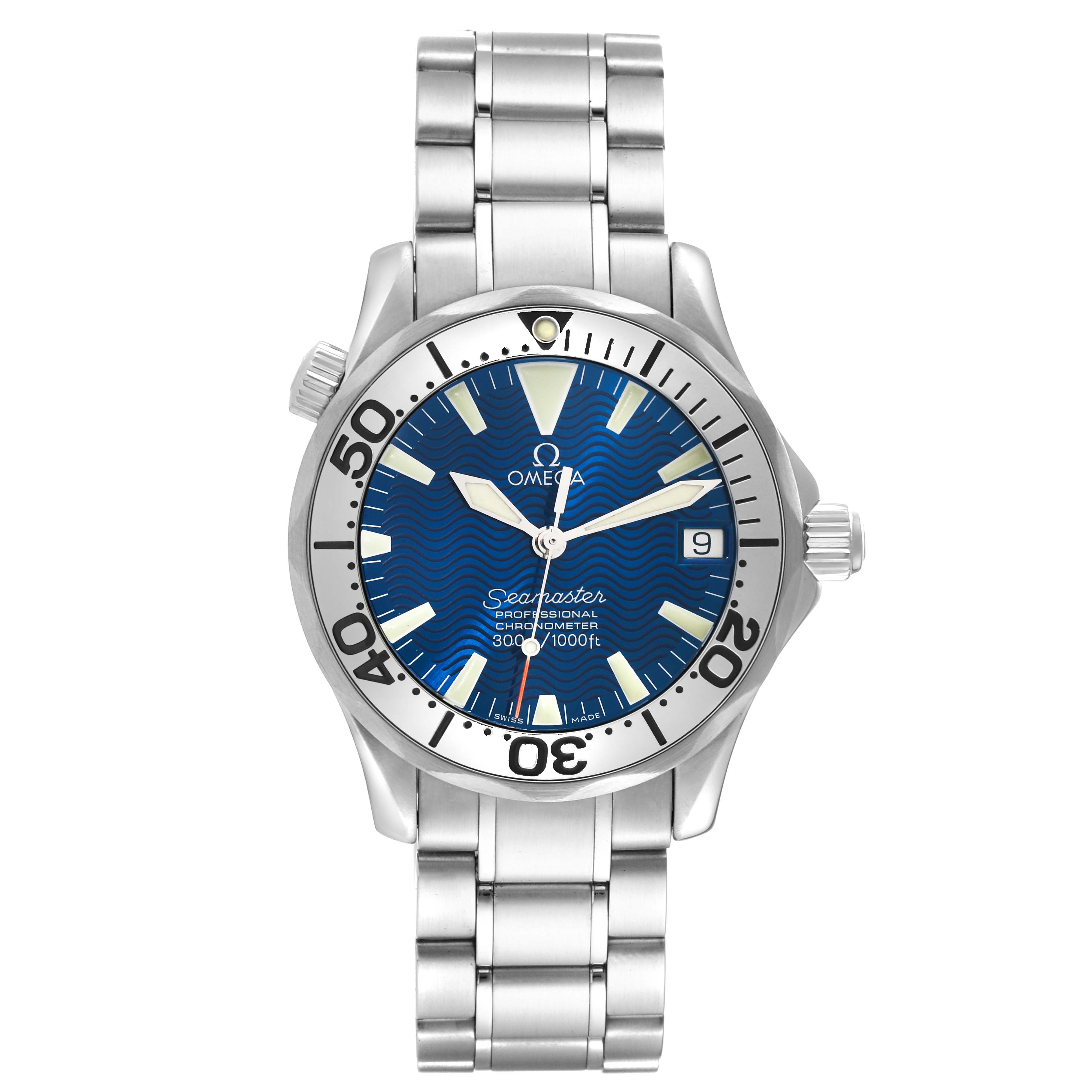 The image shows a front view of an Omega Seamaster 2253.80.00 Men
s Stainless Steel Blue Dial 2253.80.00 Men
s Stainless Steel Blue Dial watch, displaying its face, bezel, dial, crown, and bracelet.