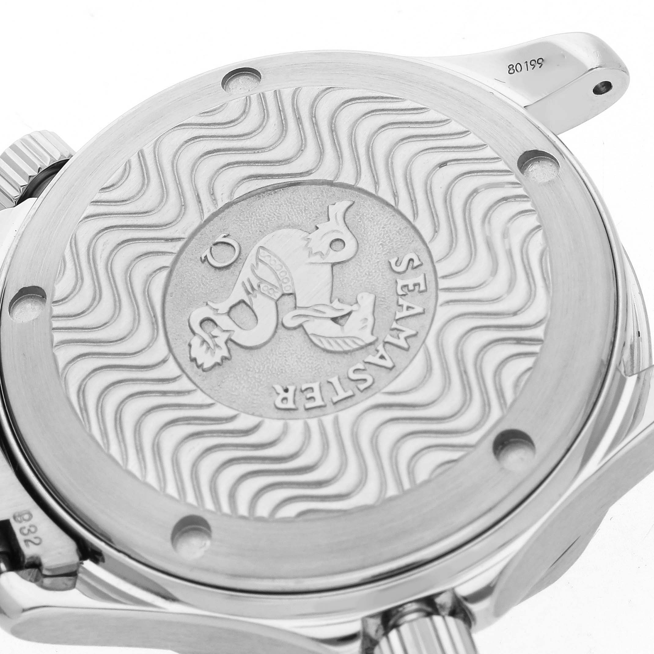 The image shows the back case of an Omega Seamaster 2253.80.00 Men
s Stainless Steel Blue Dial 2253.80.00 Men
s Stainless Steel Blue Dial watch, highlighting its detailed engravings and branding.