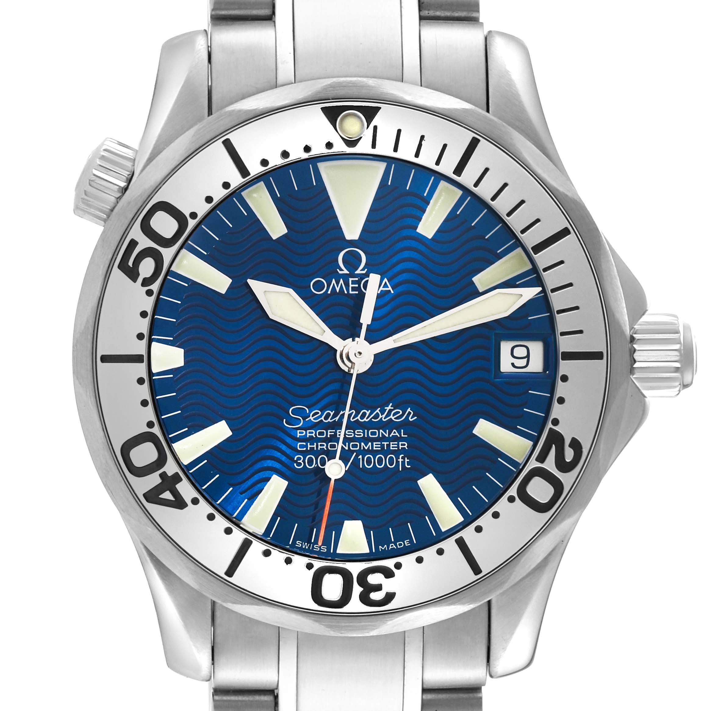 This image shows a front view of an Omega Seamaster 2253.80.00 Men
s Stainless Steel Blue Dial 2253.80.00 Men
s Stainless Steel Blue Dial watch, detailing the dial, bezel, and part of the bracelet.
