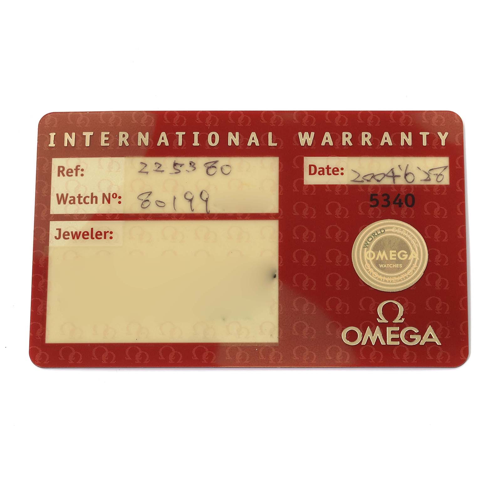 This image shows the International Warranty card for an Omega Seamaster 2253.80.00 Men
s Stainless Steel Blue Dial 2253.80.00 Men
s Stainless Steel Blue Dial watch model, including reference, watch number, and date.