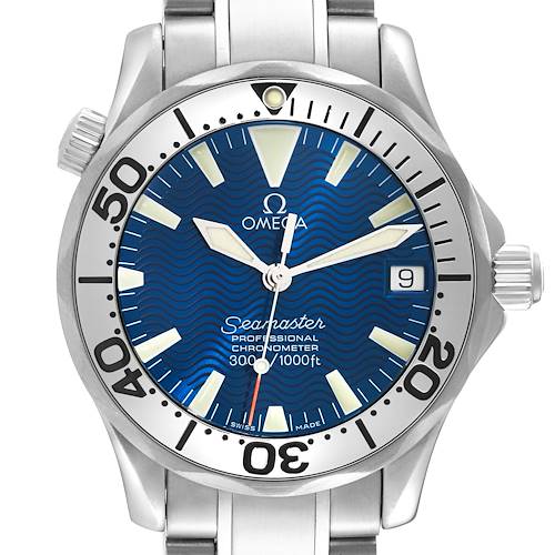 The image shows a close-up, front view of the Omega Seamaster watch, highlighting its blue dial, bezel, and bracelets.