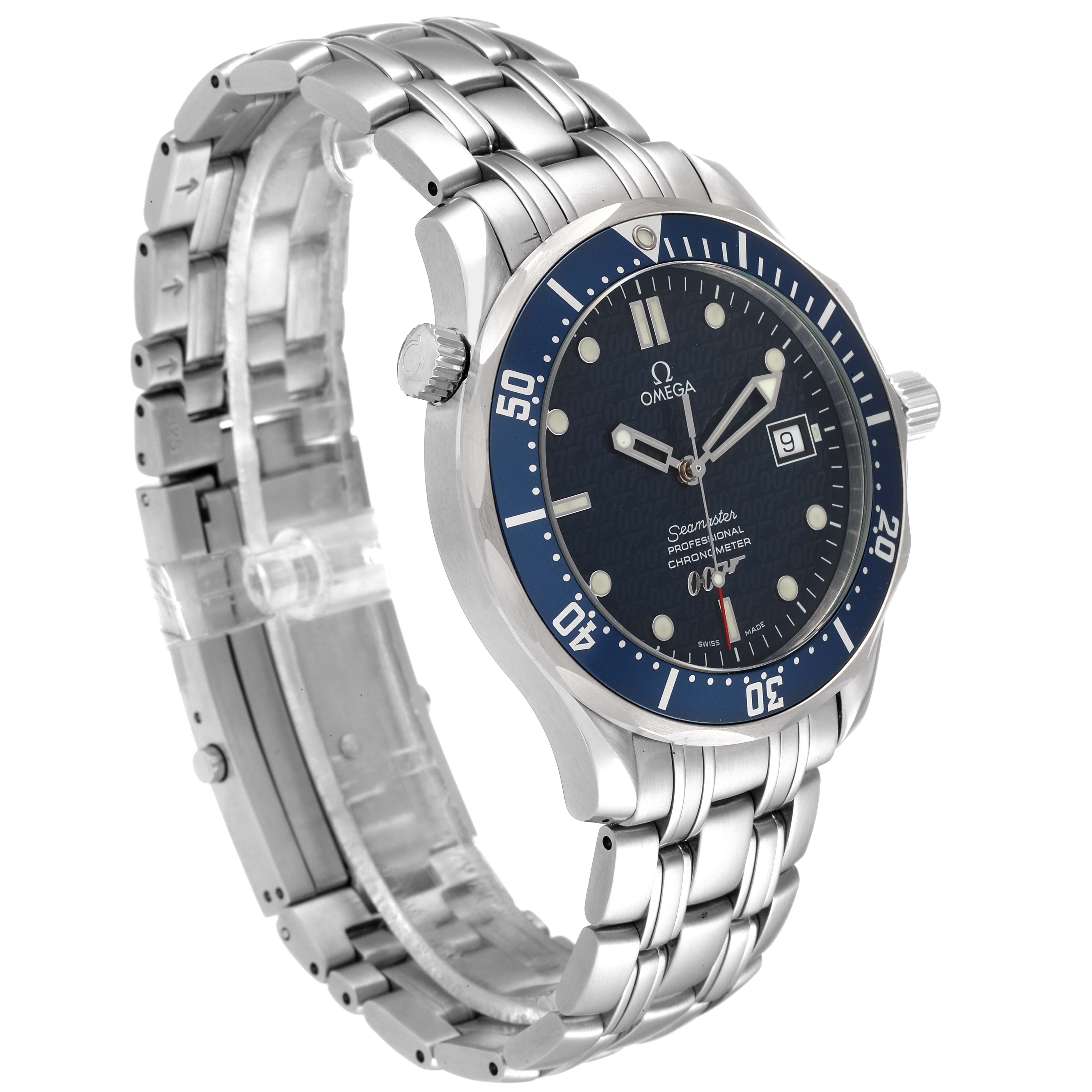 The image shows an angled view of an Omega Seamaster 2537.80.00 Men's Stainless Steel Blue Dial 2537.80.00 Men's Stainless Steel Blue Dial watch displaying its face, bezel, crown, and stainless steel bracelet.