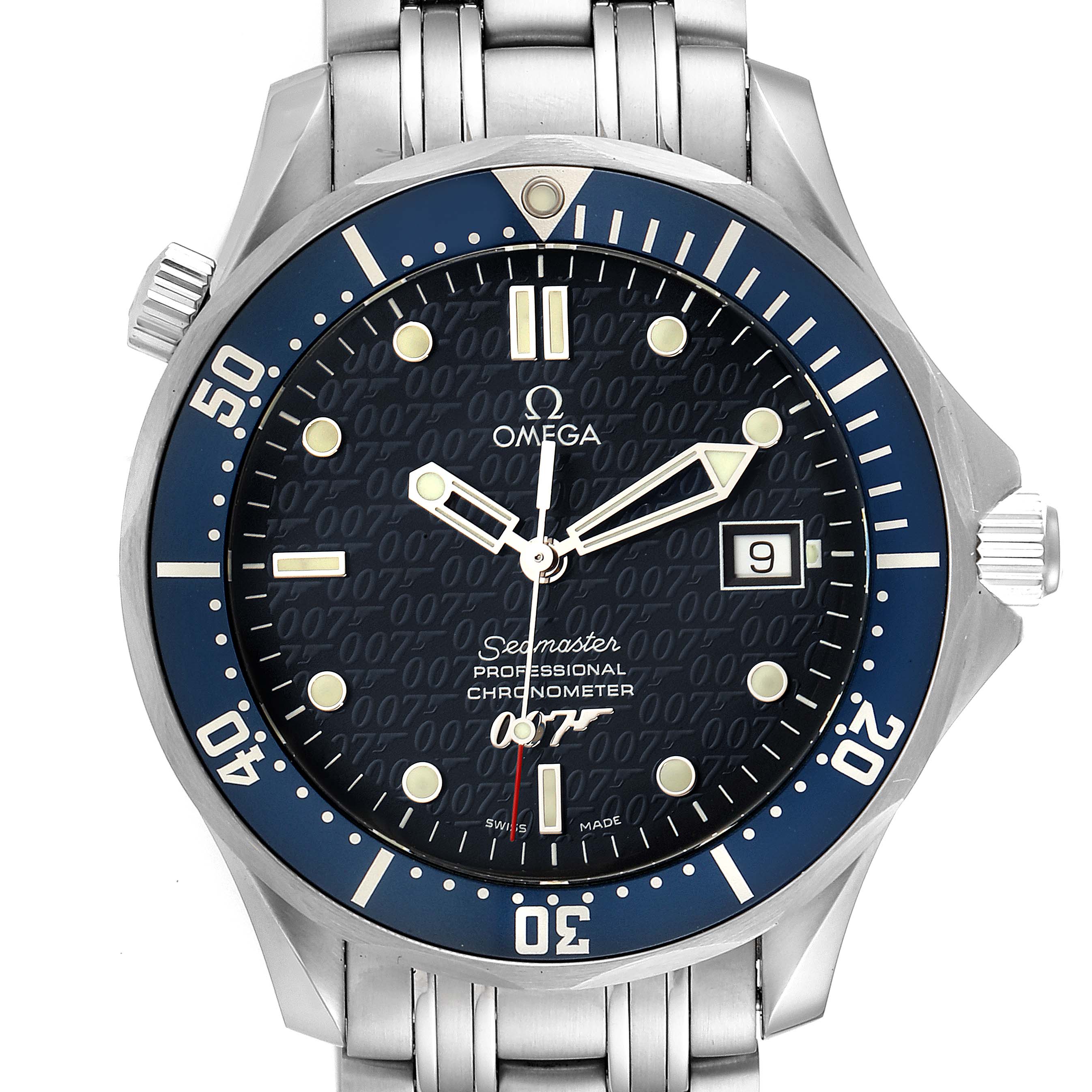 The Omega Seamaster 2537.80.00 Men's Stainless Steel Blue Dial 2537.80.00 Men's Stainless Steel Blue Dial watch is shown from the front, displaying the dial, bezel, crown, and part of the bracelet.