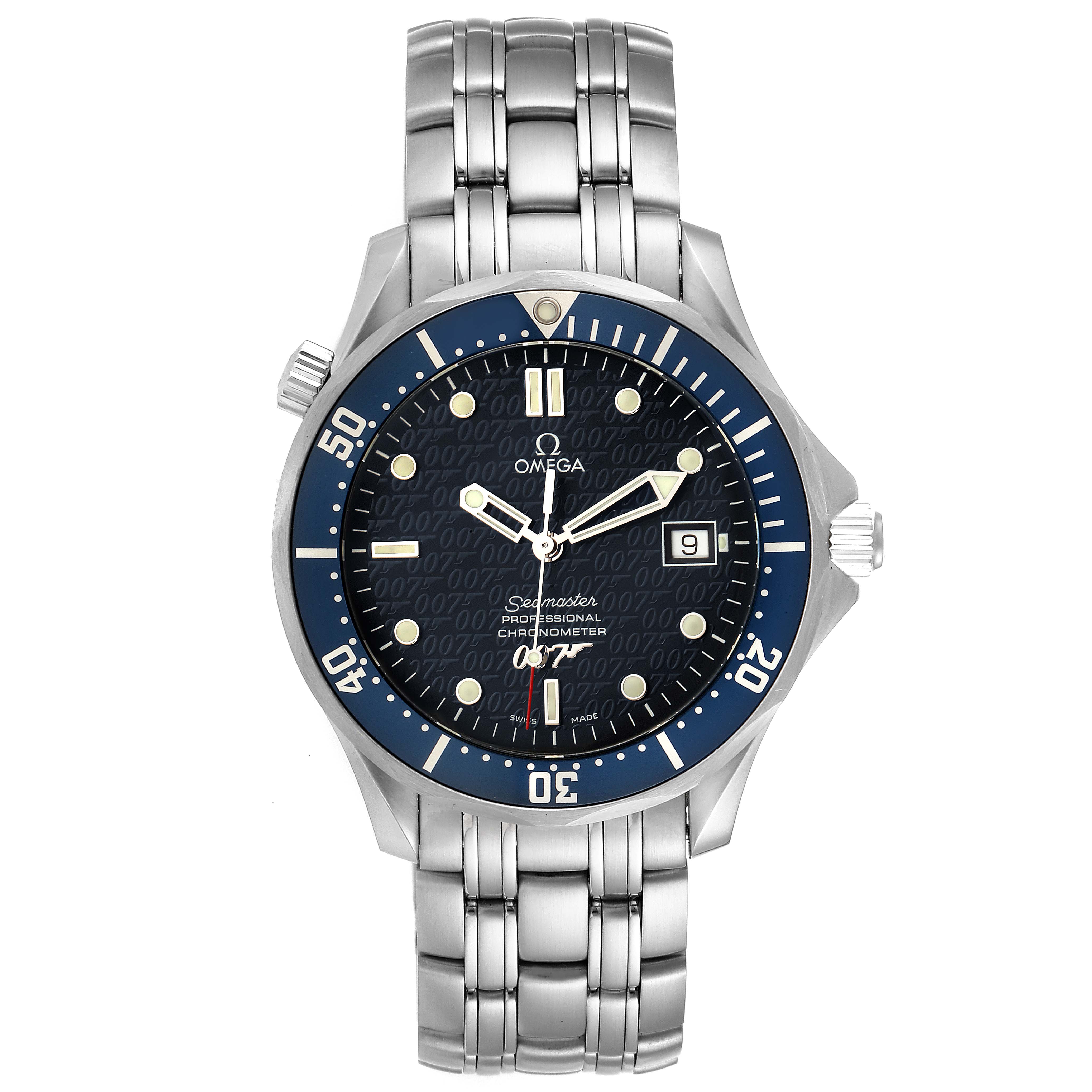 The image shows a front view of an Omega Seamaster 2537.80.00 Men's Stainless Steel Blue Dial 2537.80.00 Men's Stainless Steel Blue Dial watch, displaying the dial, bezel, and stainless steel bracelet.