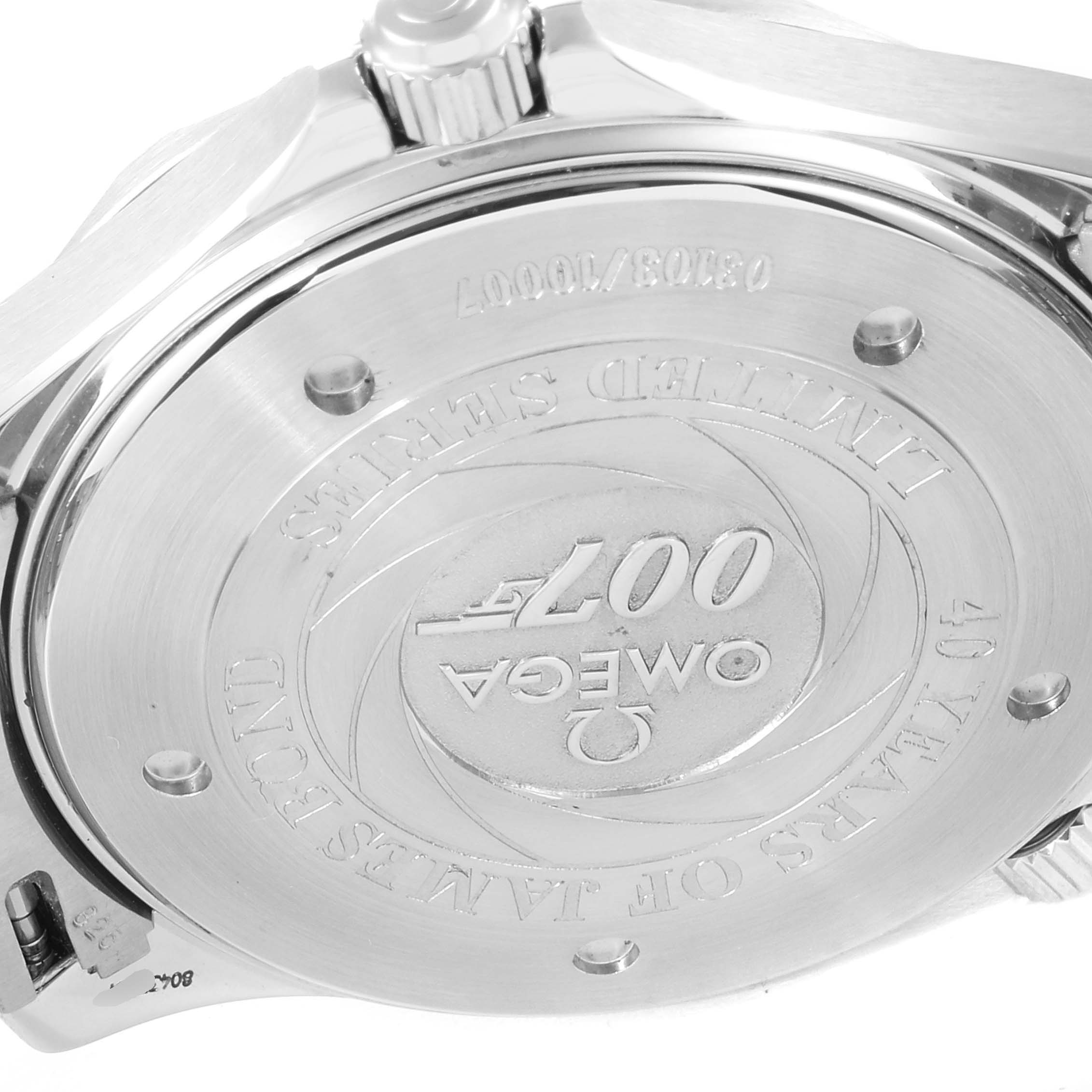 This image shows the case back of an Omega Seamaster 2537.80.00 Men's Stainless Steel Blue Dial 2537.80.00 Men's Stainless Steel Blue Dial watch, featuring engravings and limited series details.