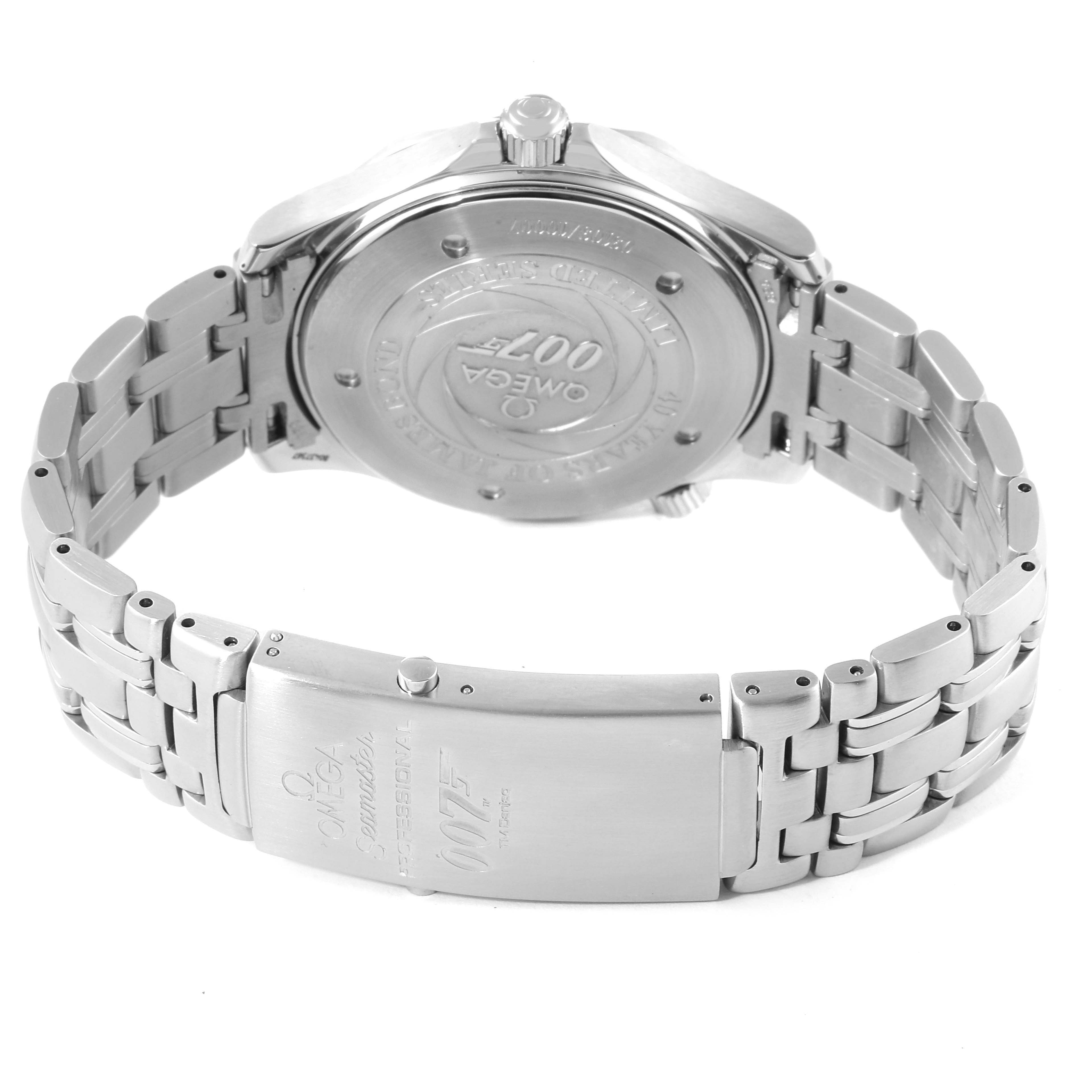 The image shows the back case and bracelet of an Omega Seamaster 2537.80.00 Men's Stainless Steel Blue Dial 2537.80.00 Men's Stainless Steel Blue Dial watch, featuring branding and a clasp with "007" engraving.