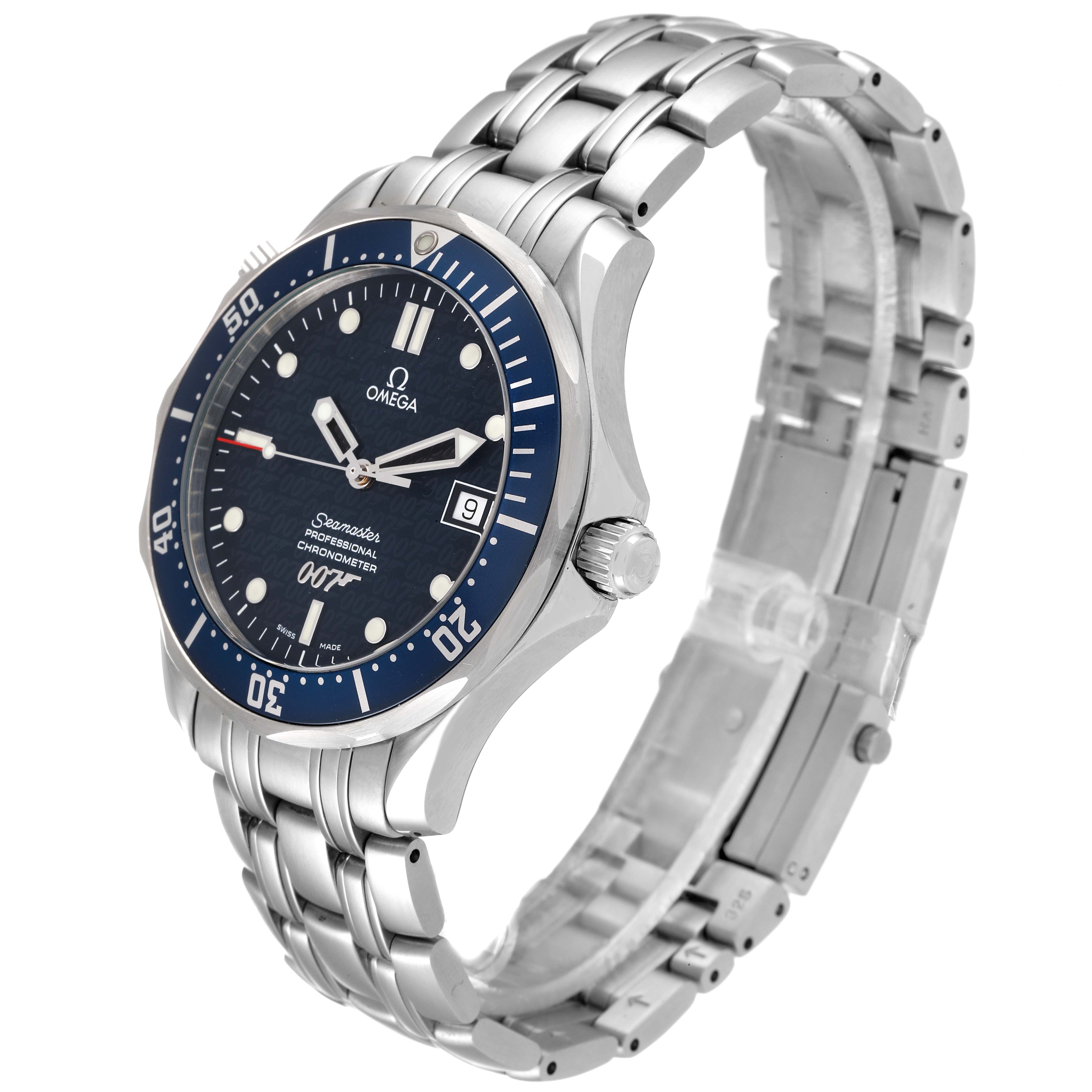 The Omega Seamaster 2537.80.00 Men's Stainless Steel Blue Dial 2537.80.00 Men's Stainless Steel Blue Dial watch is shown at a slight angle, highlighting its face, bezel, crown, and metal bracelet.