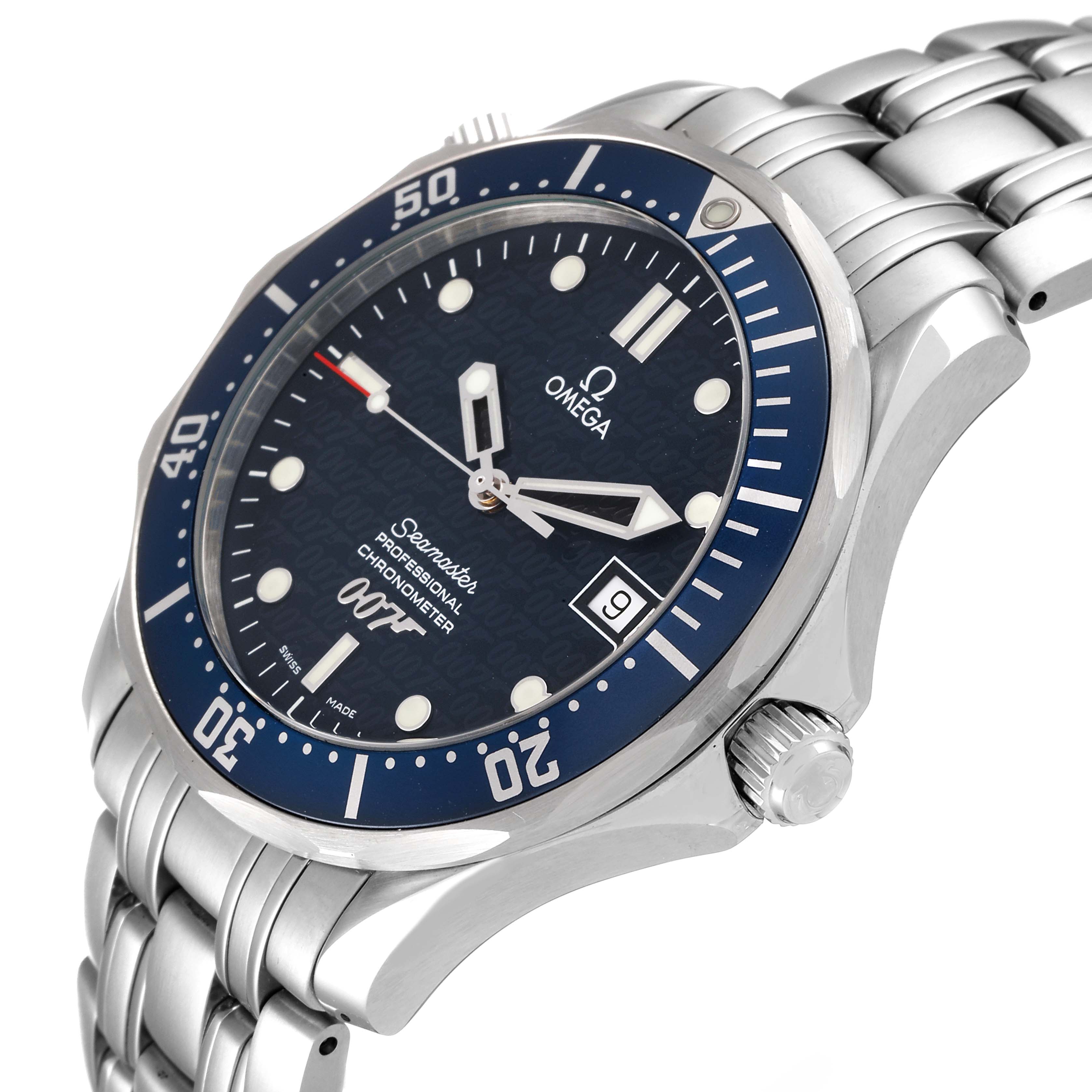 The image shows an angled view of the Omega Seamaster 2537.80.00 Men's Stainless Steel Blue Dial 2537.80.00 Men's Stainless Steel Blue Dial watch, highlighting the face, bezel, crown, and part of the bracelet.