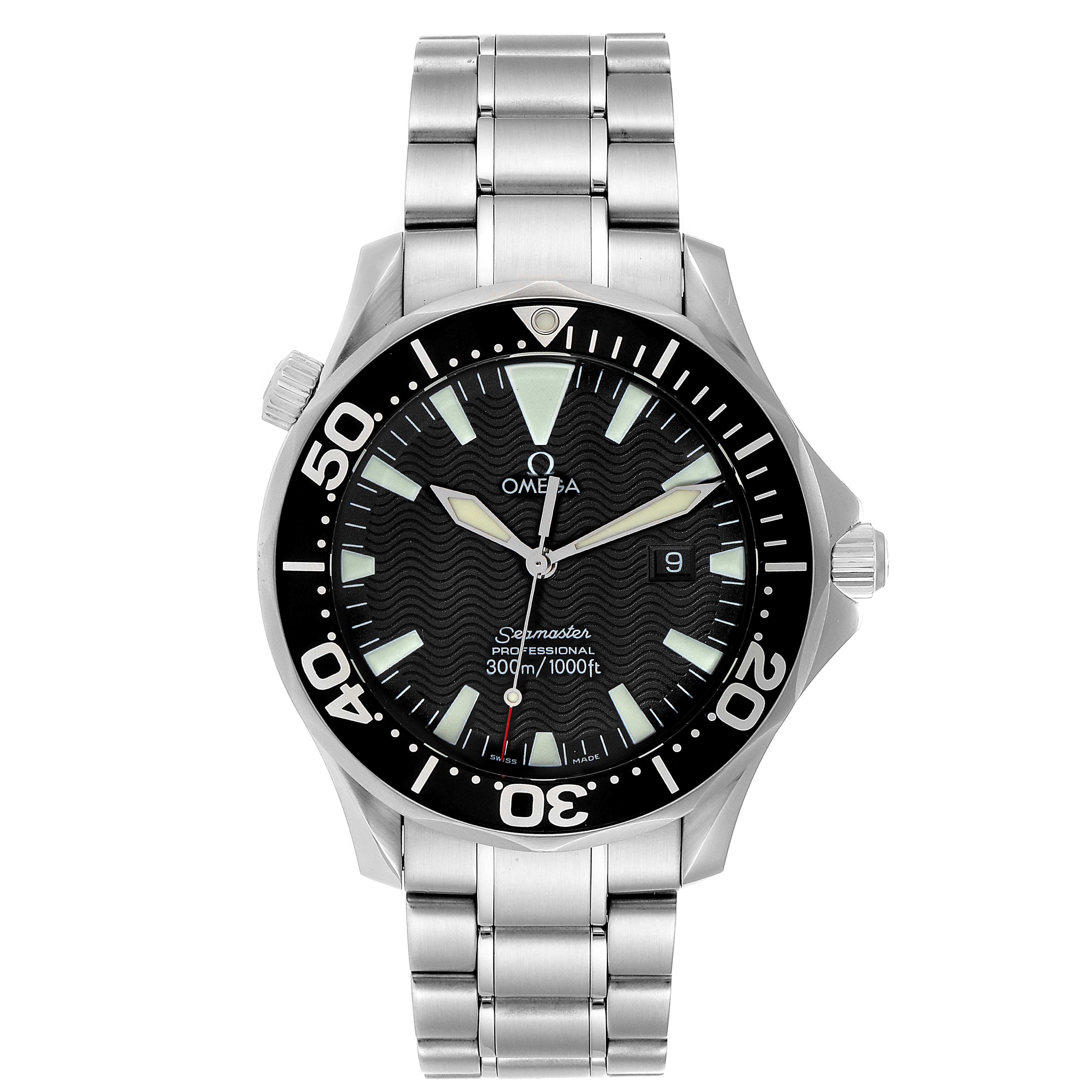 The Omega Seamaster 2264.50.00 Men
s Stainless Steel Black Dial 2264.50.00 Men
s Stainless Steel Black Dial watch is shown from a front angle, displaying its face, bezel, crown, and bracelet.