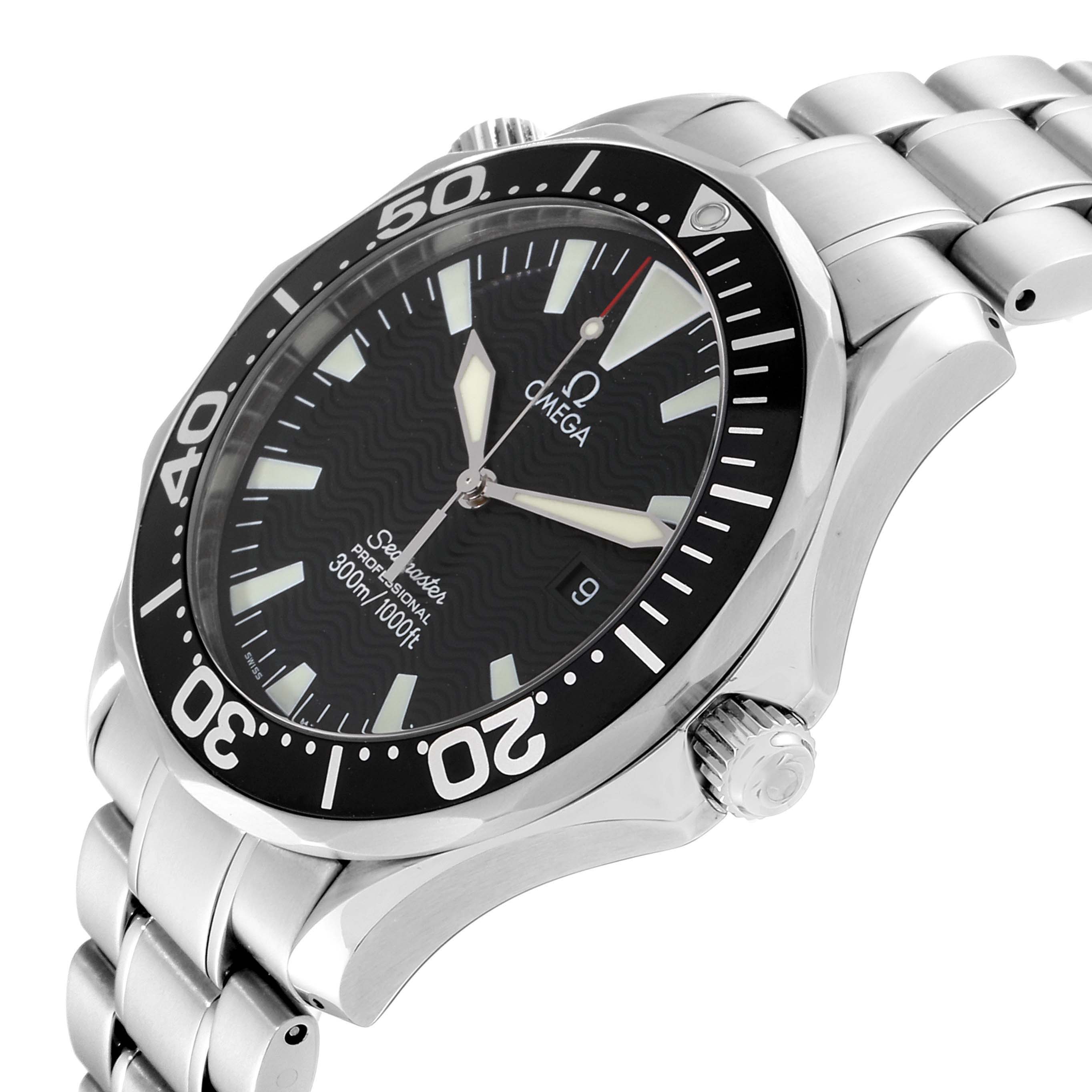 The image shows a side angle of the Omega Seamaster 2264.50.00 Men
s Stainless Steel Black Dial 2264.50.00 Men
s Stainless Steel Black Dial watch, highlighting its dial, bezel, crown, and bracelet.