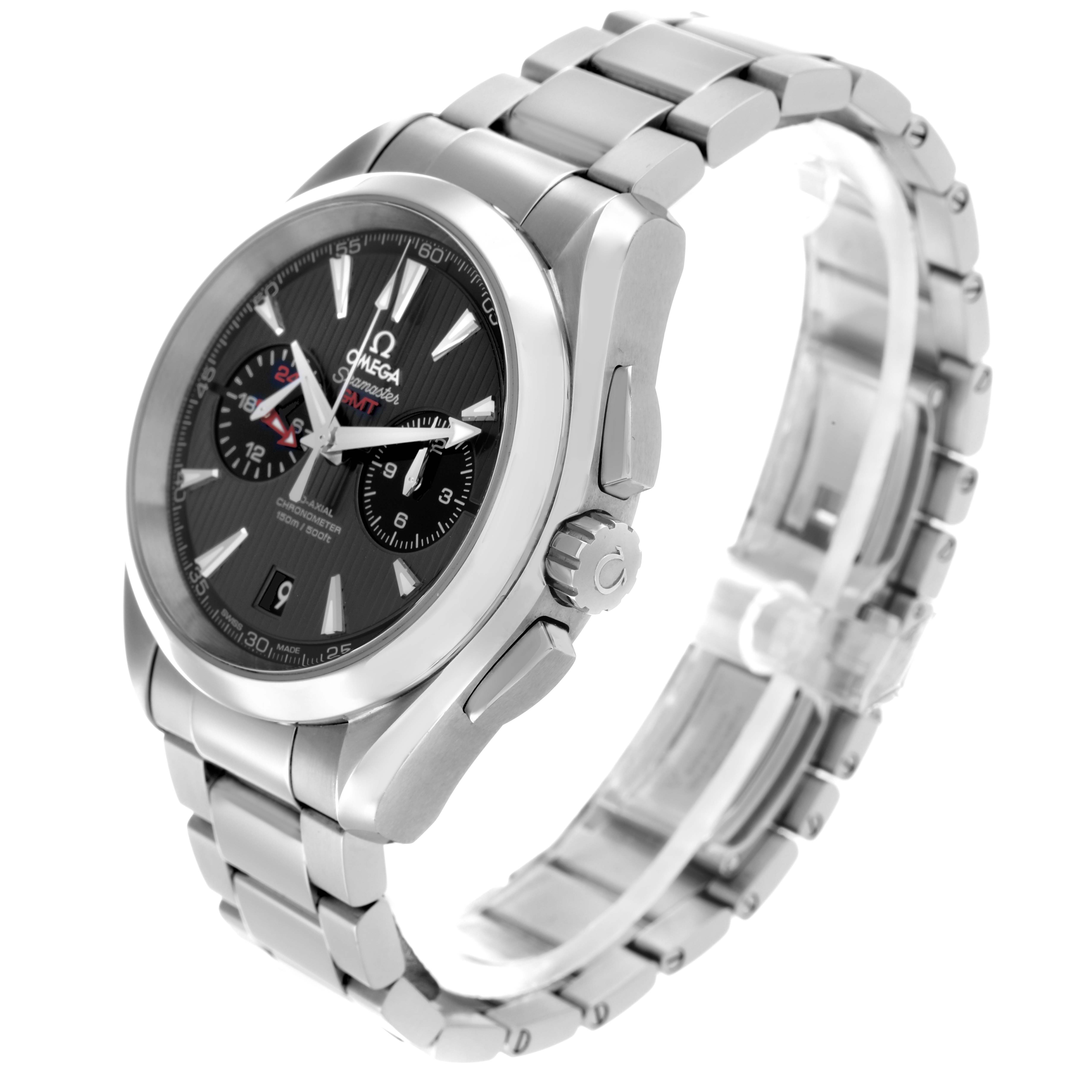 The Omega Seamaster 231.10.43.52.06.001 Men
s Stainless Steel Grey Dial watch is shown at an angled side view, highlighting its stainless steel case, bracelet, and black dial.