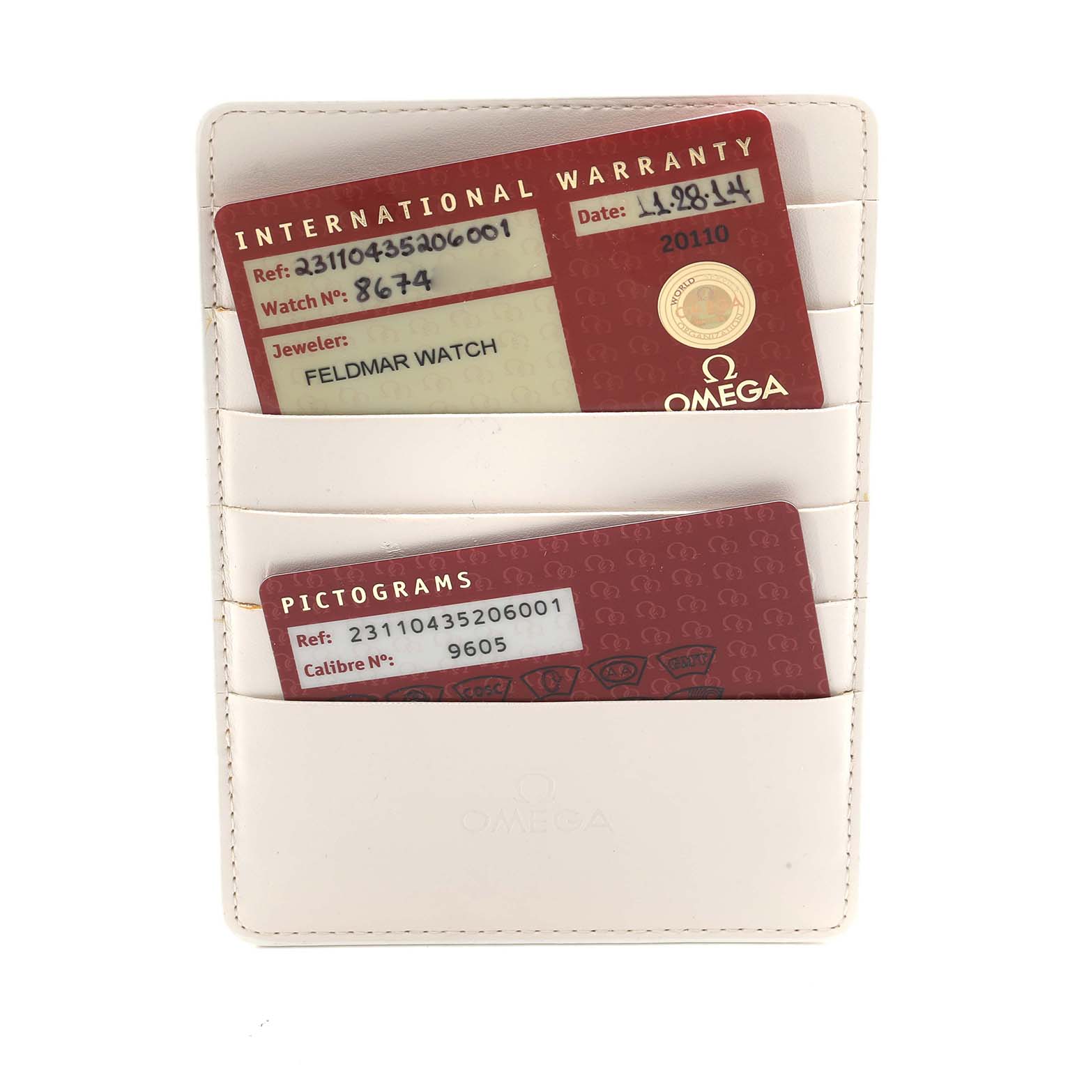 The image shows the warranty and pictogram cards for an Omega Seamaster 231.10.43.52.06.001 Men
s Stainless Steel Grey Dial in a white card holder, viewed from the front.