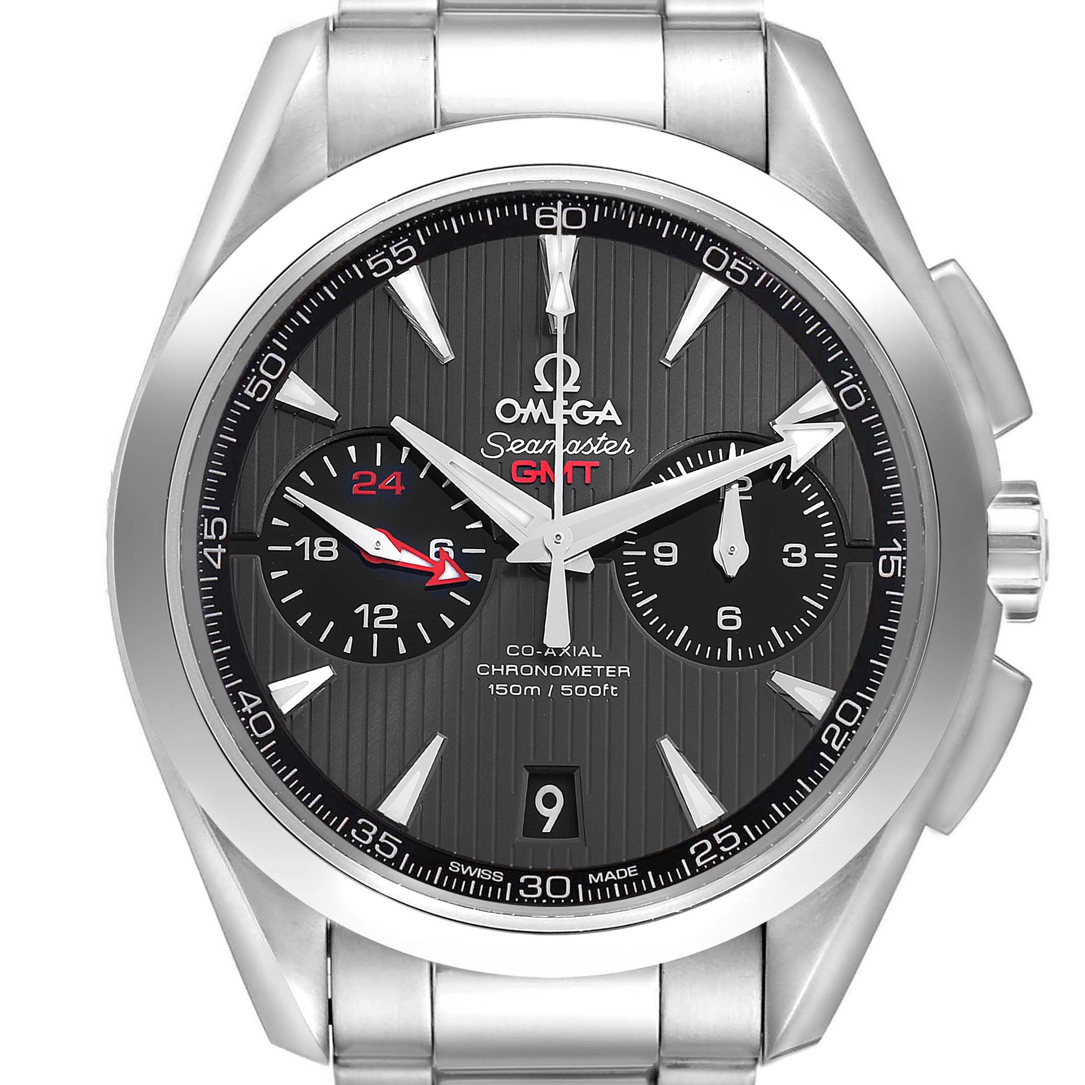 The Omega Seamaster 231.10.43.52.06.001 Men
s Stainless Steel Grey Dial watch is shown from a front angle, highlighting the dial, bezel, bracelet, and chronograph features.