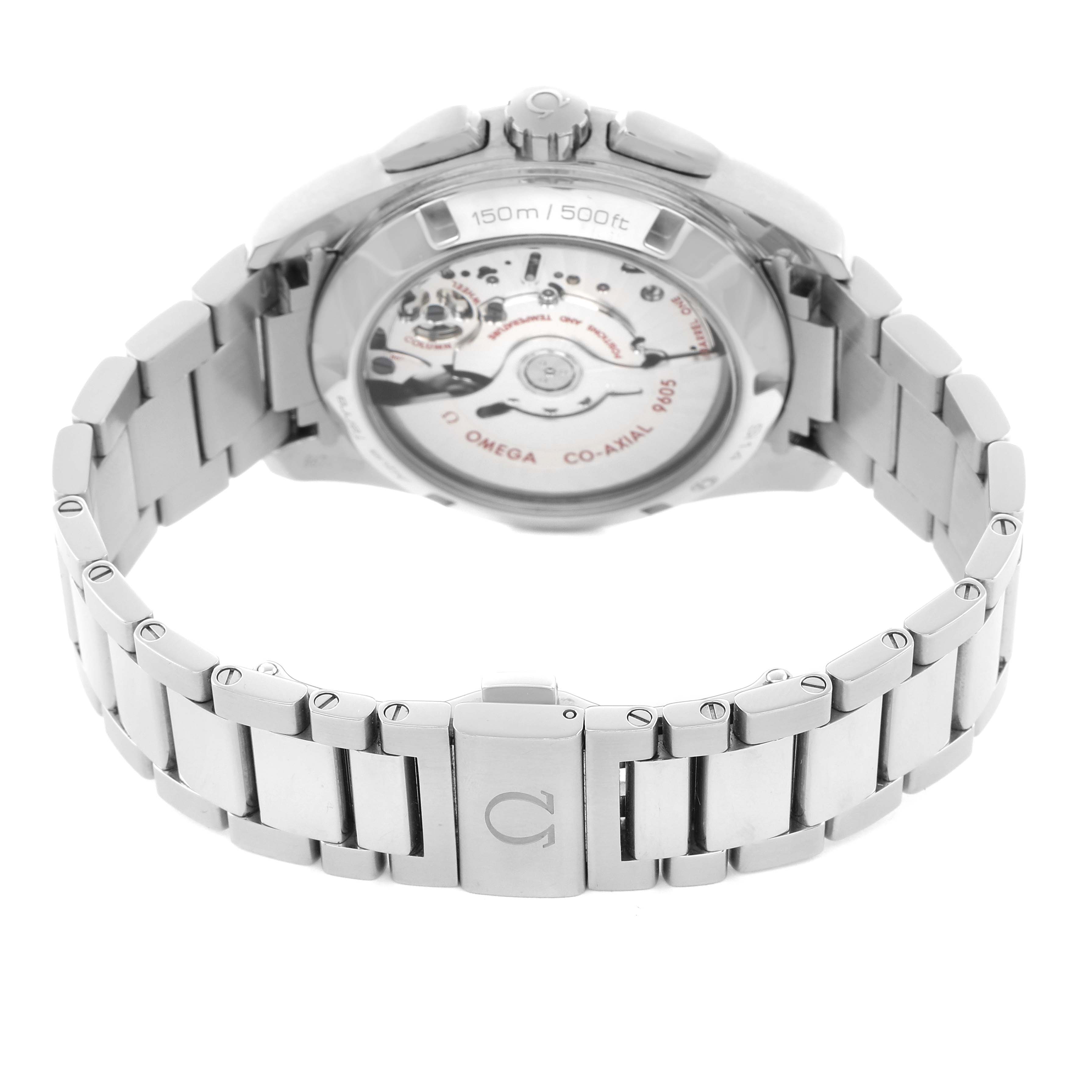 The Omega Seamaster 231.10.43.52.06.001 Men
s Stainless Steel Grey Dial watch is shown from the rear, displaying the open case back and metal bracelet with the clasp.