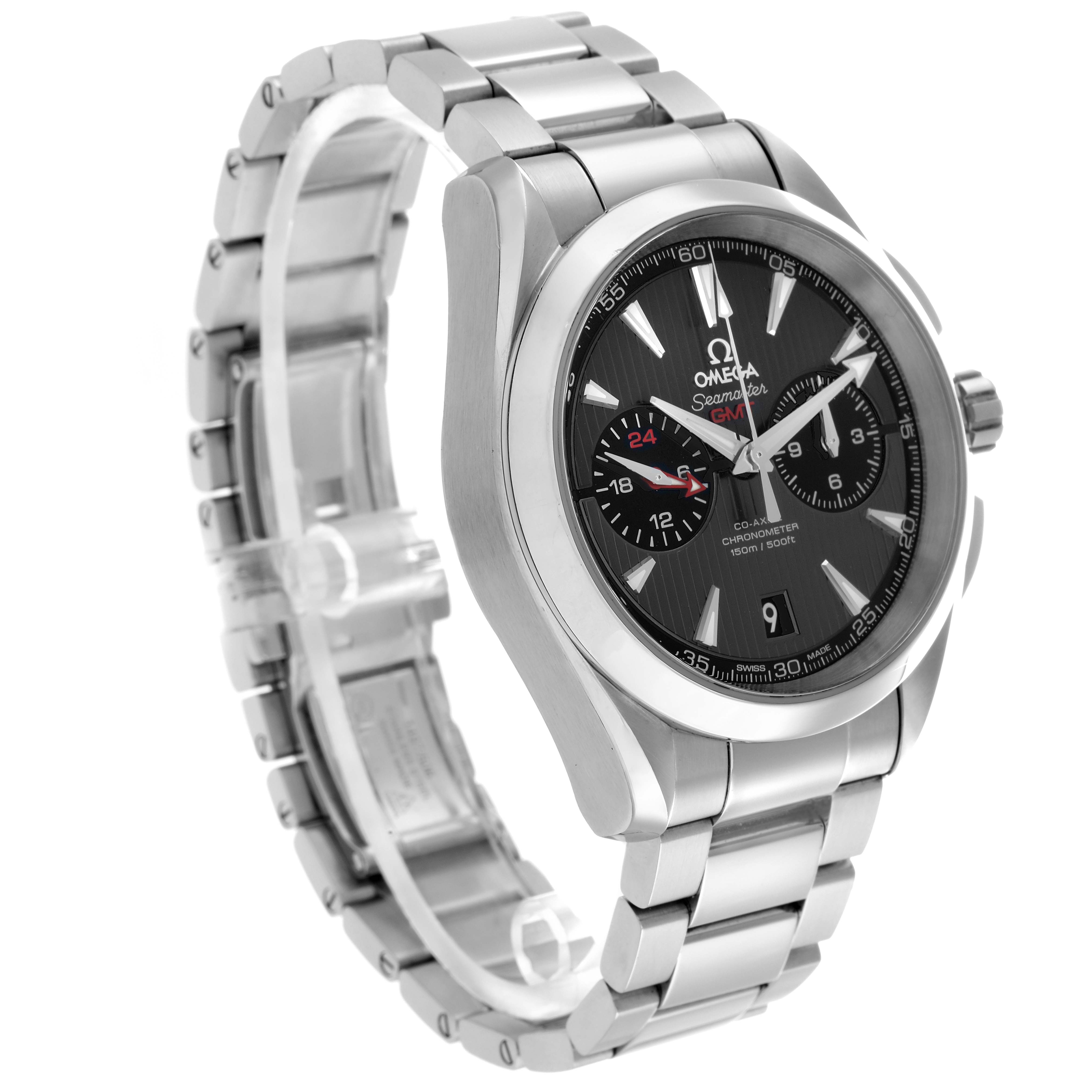 The Omega Seamaster 231.10.43.52.06.001 Men
s Stainless Steel Grey Dial watch is shown at an angled view highlighting the face, bezel, and bracelet.