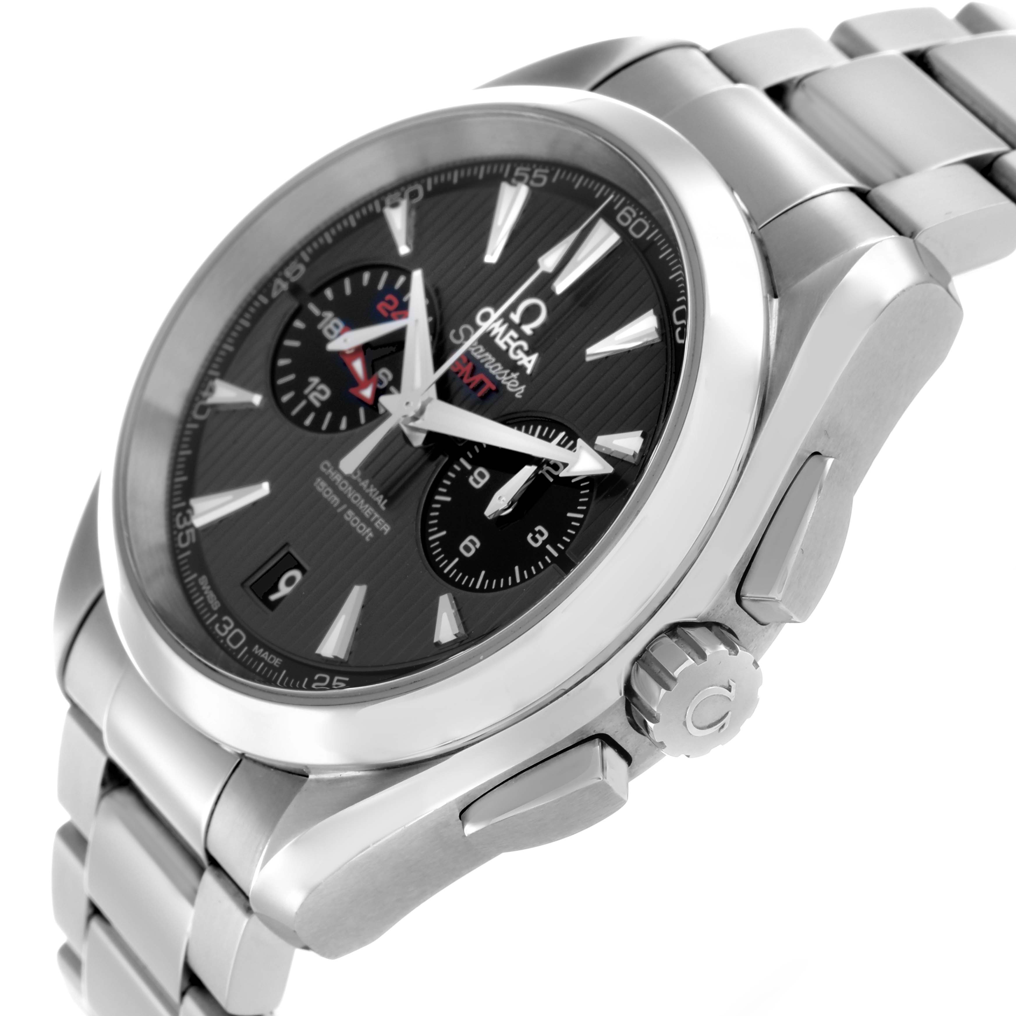 The Omega Seamaster 231.10.43.52.06.001 Men
s Stainless Steel Grey Dial watch is shown at a side angle, displaying the face, crown, and part of the metal bracelet.