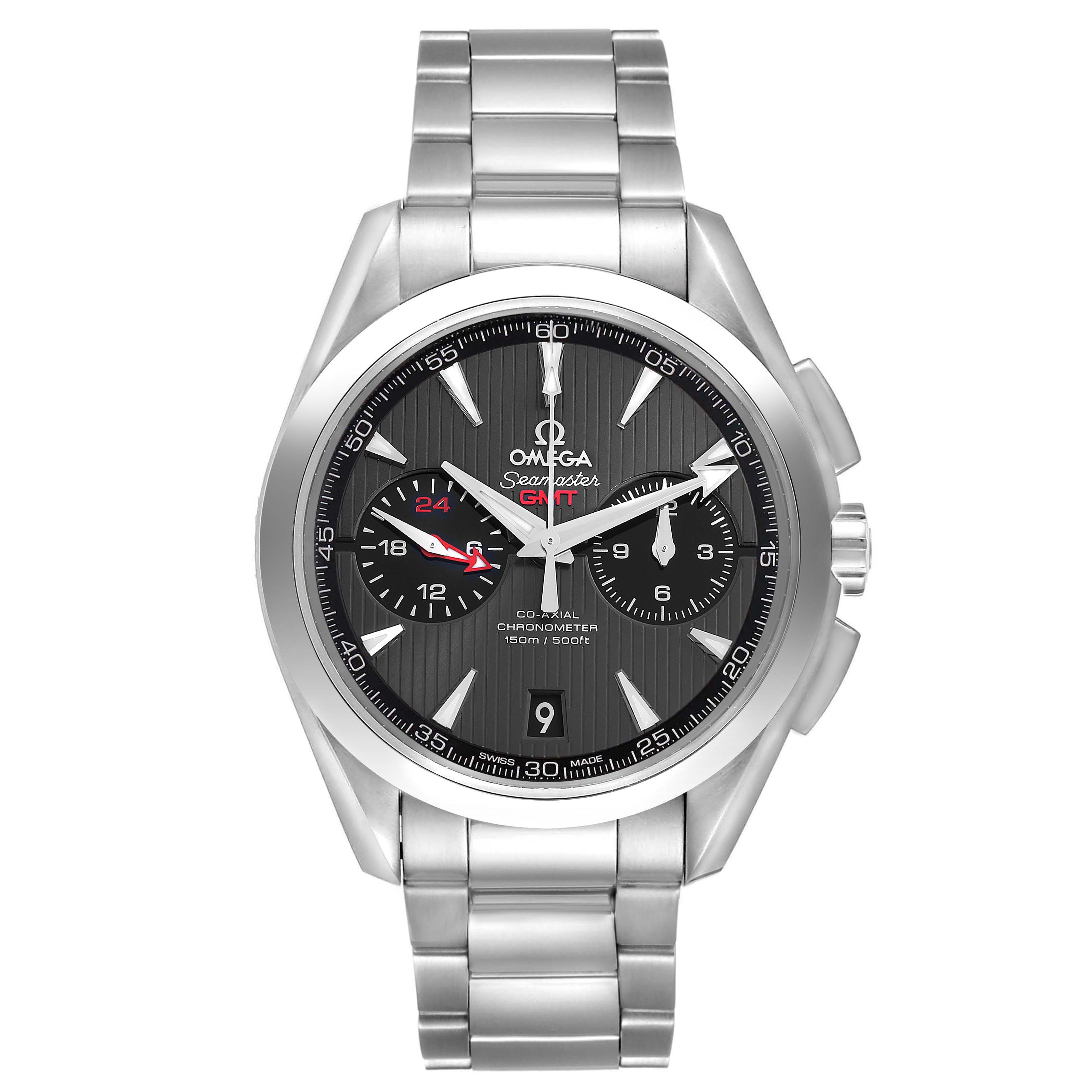The Omega Seamaster 231.10.43.52.06.001 Men
s Stainless Steel Grey Dial watch is shown from a frontal angle, displaying the face, dial, and stainless steel bracelet.