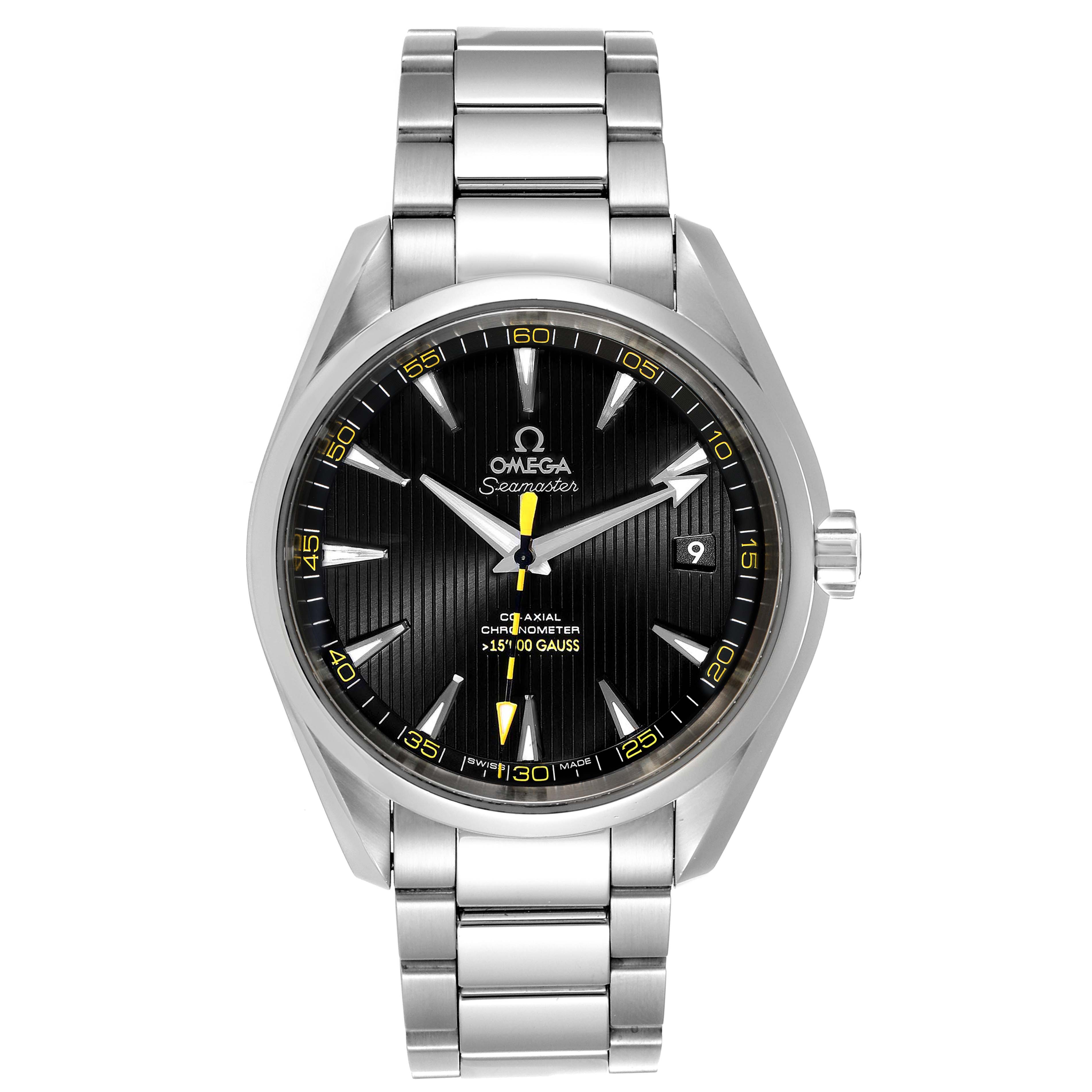 The Omega Aqua Terra 231.10.42.21.01.002 Men's Stainless Steel Black Dial 231.10.42.21.01.002 Men's Stainless Steel Black Dial watch is shown from a front view, displaying its face, bezel, crown, and bracelet.