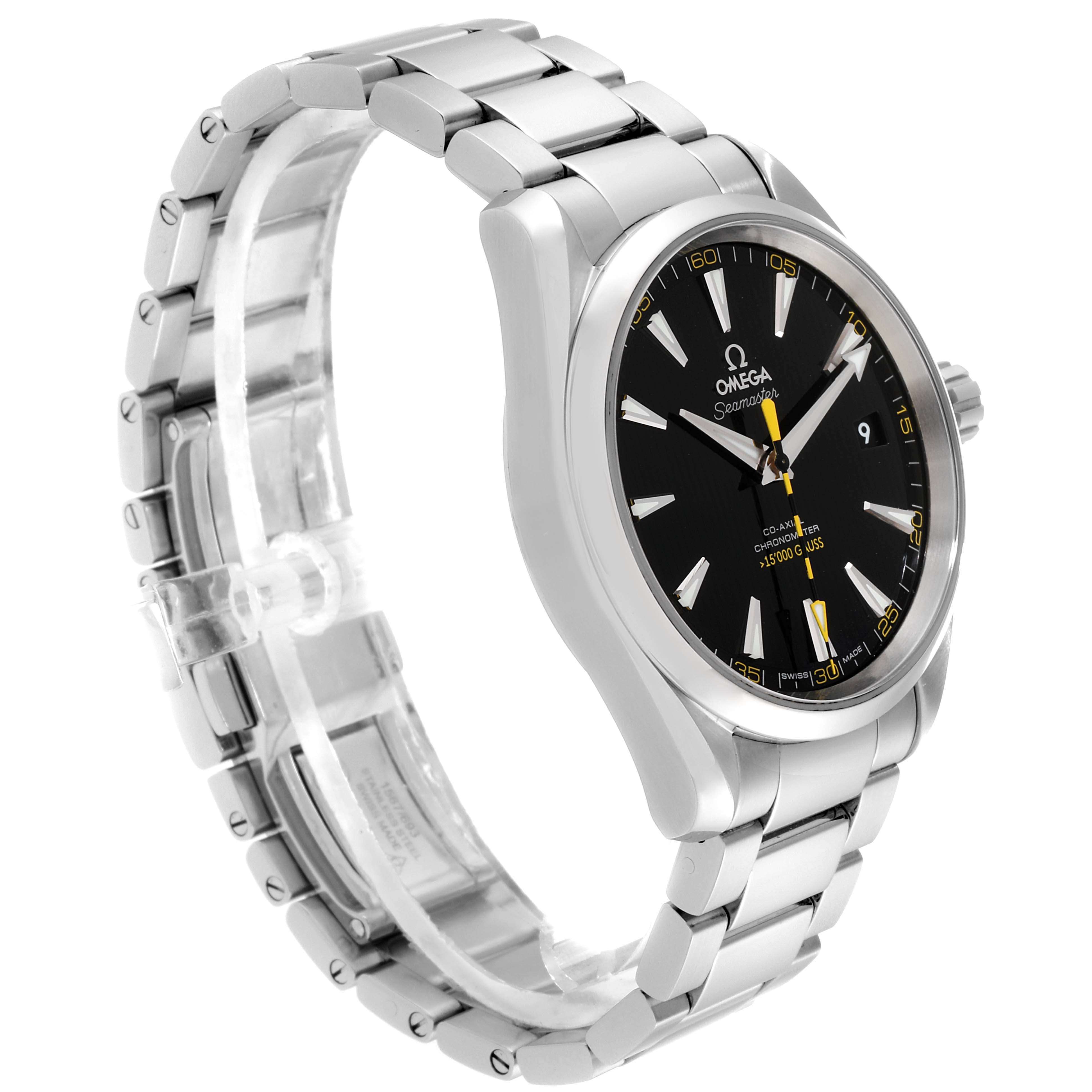 The Omega Aqua Terra 231.10.42.21.01.002 Men's Stainless Steel Black Dial 231.10.42.21.01.002 Men's Stainless Steel Black Dial watch is shown from a slightly angled side view, displaying its face, bezel, and bracelet.