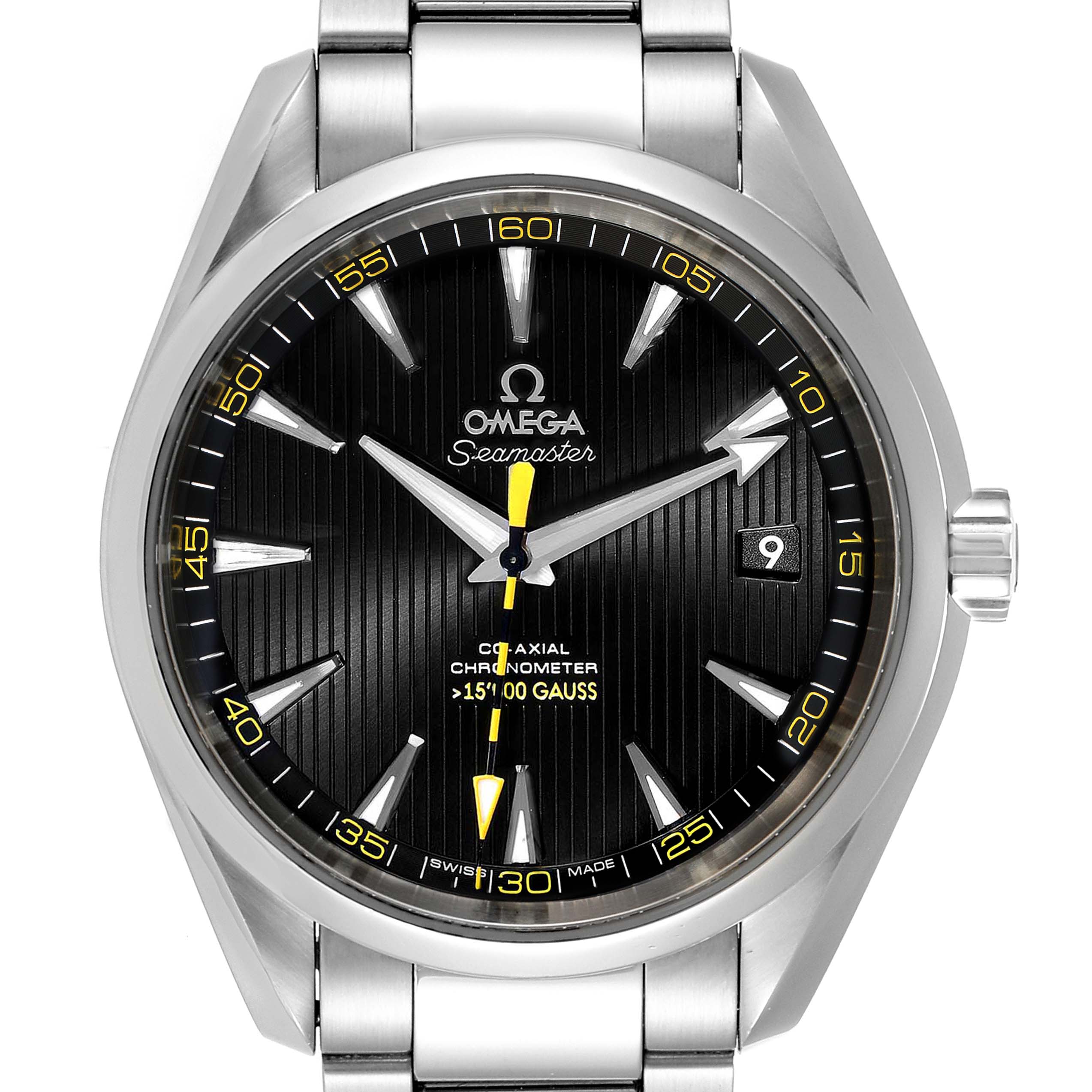 The image shows a front view of an Omega Aqua Terra 231.10.42.21.01.002 Men's Stainless Steel Black Dial 231.10.42.21.01.002 Men's Stainless Steel Black Dial Seamaster watch, displaying the face, bezel, and bracelet.